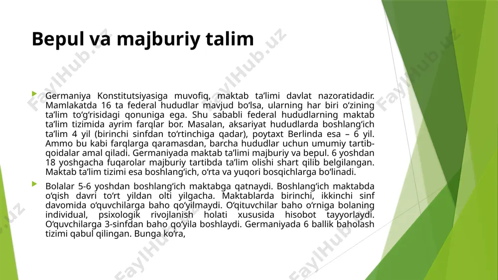 ni bo‘lgan ushbu bilim maskanida to‘qqiz yil – 5-sinfdan 13-sinfgacha taʼlim oladi. real maktabning 10-sinfini tamomlagan yoshlar esa gimnaziyada uch yil o‘qiydi. mazkur taʼlim dargohida gumanitar, tabiiy fanlar va xorijiy tillar chuqur o‘rgatiladi. o‘quvchilar o‘n birinchi sinfdan tanlagan yo‘nalishidan kelib chiqib, asosiy vaqtini bir necha fanni chuqur o‘rganishga sarflaydi. gimnaziya – oliy taʼlimga tayyorgarlikning hal qiluvchi bosqichi. negaki, gimnaziyani tugatganlik to‘g‘risidagi imtiyozli shahodatnoma universitetga imtihonsiz kirish huquqini beradi. ammo imtiyozli shahodatnomani olish oson emas. o‘quvchiga ushbu hujjatni berishda uning o‘n uch yil davomidagi natijalari hamda to‘rtta fan bo‘yicha yakuniy imtihon baholari inobatga olinadi. olmon zaminida oliy o‘quv yurtiga kirish uchun o‘n uch yil yaxshi natija bilan o‘qish kerak. ana shundan keyingina universitet yo‘llari ochiladi. "fikrlayapmanmi, demak, yashayapman!" germaniyada davlatga qarashli maktablar bilan birga xususiy taʼlim maskanlari ham faoliyat yuritadi. xususiy maktablar o‘rta taʼlim maskanlarining 2 foizini tashkil etadi. o‘quv dasturlari anʼanaviy maktablardan farq qiluvchi xususiy maktablarni federal taʼlim va madaniyat …