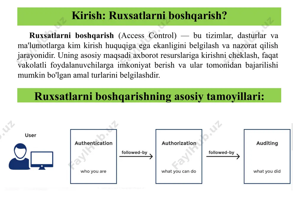 l o'ynaydi. autentifikatsiyaning asosiy maqsadi va ahamiyati quyidagilardan iborat: identifikatsiyaning tasdiqlanishi: autentifikatsiya jarayoni orqali tizimga kirishga urinayotgan shaxsning kimligi aniq tasdiqlanadi. bu, foydalanuvchi nomi, parol, biometrik ma'lumotlar yoki boshqa autentifikatsiya usullari orqali amalga oshiriladi. xavfsizlikni ta'minlash: autentifikatsiya, noqonuniy kirishlarni oldini olish orqali tizimning xavfsizligini ta'minlaydi. bu, maxfiy ma'lumotlarni himoya qilish va tizimning ishonchliligini oshirishga yordam beradi. foydalanuvchi huquqlarini boshqarish: autentifikatsiya orqali har bir foydalanuvchi uchun alohida huquqlar va kirish darajalari belgilanadi. bu, foydalanuvchilar faqat ular uchun ruxsat etilgan ma'lumotlarga kirish huquqiga ega bo'lishini ta'minlaydi. transaksiyalarning qonuniyligini ta'minlash: elektron tijorat va moliyaviy operatsiyalarda autentifikatsiya, tranzaksiyalarning ikki tomonlama qonuniyligini ta'minlaydi. bu, foydalanuvchilarning moliyaviy ma'lumotlarini himoya qiladi va firibgarlik holatlarini kamaytiradi. parol parol – faqat foydalanuvchiga ma'lum va biror tizimda autentifikatsiya jarayonidan o'tishni ta'minlovchi biror axborot. server foydalanuvchi foydalanuvchi identifikatori, parol ok/ xatolik parol kiberxavfsizlik asoslari (csf1316) quyidagi parolga asoslangan xususiyatlarga ega: parolga asoslangan autentifikatsiyalash autentifikatsiyani amalga oshirish qulay (sarf xarajati kam, almashtirish …