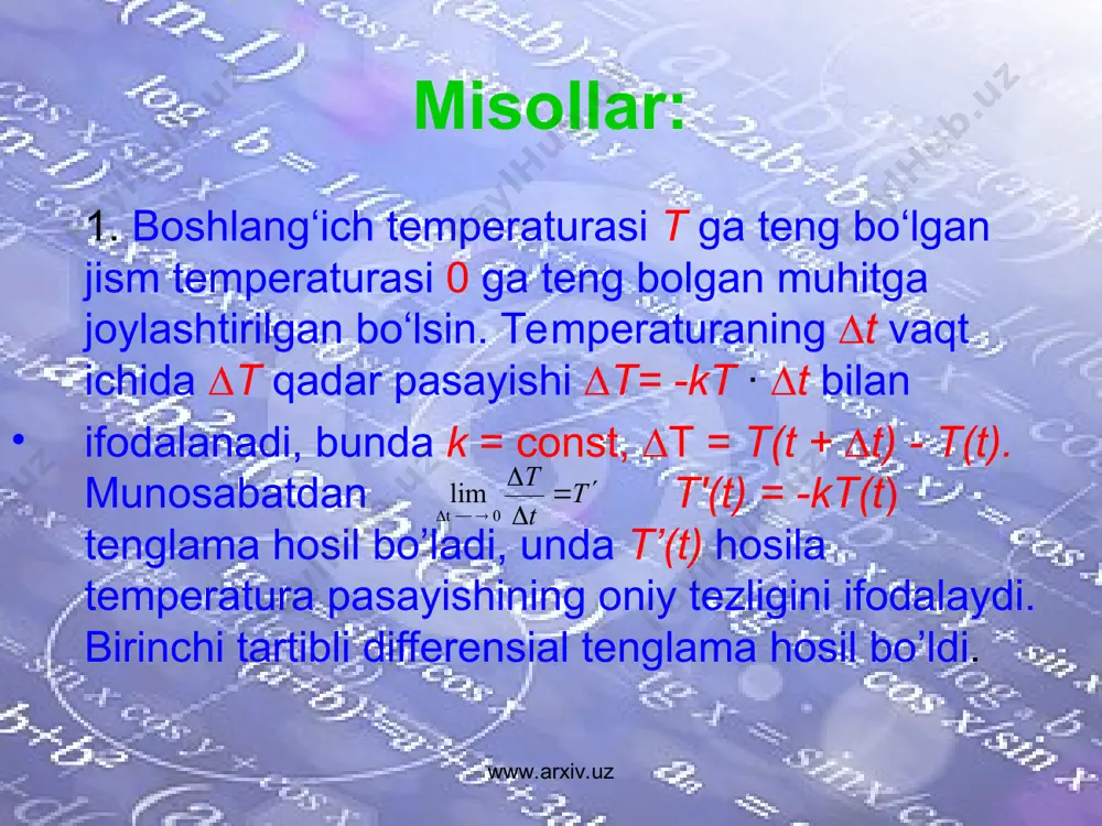 isollarda ikkinchi tartibli, 1, 6- mi- sollarda birinchi tartibli differensial tenglamalar qaraldi. www.arxiv.uz www.arxiv.uz differensial tenglamaning yechimi deb, shu tenglamaga qo‘yilganda uni ayniyatga aylantiruvchi ixtiyoriy funksiyaga aytiladi. yechimning grafigi tenglamaning integral egri chizig‘i deyiladi. vill-rasm. biz 1-bandda differensial teng­lamani cheksiz ko‘p funksiyalar qanoatlantirishi haqida fikr yuritgan edik. bu yechimlar majmuasi umumiy yechim deyiladi. umumiy yechimdan birortasini ajratib ko£rsatish uchun funksiyaning argumentni birorta qiy- matiga mos keladigan qiymatini ko‘rsatish lozim, ya’ni x=x0 da. y - y0 bo‘ladigan shart berilishi kerak. bu shart boshlang'ich shart deyiladi va y(x0)=y0 ko‘rinishida yoziladi. differensial tenglamaning boshlang‘ich shartni qanoatlan- tiruvchi yechimi uning xususiy yechimi deb ataladi. 1-misol. y' = 1 differensial tenglamaning umumiy yechimi y = x + c funksiyadan iborat, bunda c - ixtiyoriy son. buni tekshiramiz. yechish. y' = (x + c )' = 1. topilgan natija berilgan tenglamaga qo'yilsa, 1=1 ayniyat hosil bo'ladi. c ning turli qiymatlariga tenglamaning turli xususiy yechimlari mos keladi. …