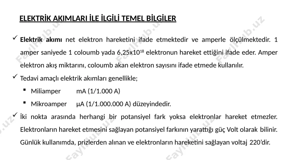 -50mv’a yükseltilmesi gerekir. eşik değere ulaşır ulaşmaz; sinir membran “dinlenme” durumundan “aktif” duruma geçer. sinirin uyarımı ile oluşan bu aksiyon potansiyeli sinir lifi boyunca ilerler ve iletilir. sonuç; bir kasın kasılması yada dokunma-ağrı..vb gibi bir bilginin beyine ulaştırılması olacaktır. intensite süre konforlu bi̇r uygulama i̇çi̇n gereken parametreler nelerdi̇r? impuls a : kuvvet zaman eğrisine ulaşmayan yetersiz elektrik miktarı  eksitasyon yok. impuls b : kuvvet zaman eğrisine ulaşan  konforlu bir eksitasyon impuls c : kuvvet zaman eğrisine ulaşan fakat gereğinden fazla elektrik miktarı  ağrılı/konforsuz eksitasyon konforlu ve etkin bir uygulama için 5 faktör önem kazanmaktadır. akımın yükselme şekli ve süresi / ramp - up time atım şekli / dalga formu rektangüler atımın durasyonu rektangüler atımın kompansasyonu akım üreten cihaz/jeneratör 1.akımın yükselme şekli ve süresi / ramp - up time nasıl olmalıdır ? i = reobaz akımın ani yükselmesi akımın progresif yükselmesi i i i i t t t …