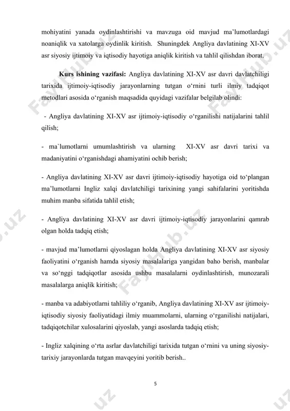 yotini o`rganib tahlil qilishdan iborat. ishning hajmi: ushbu kurs ishi kirish, uchta bob, xulosa, foydalanilgan adabiyotlar ro`yxatidan tashqari 30 betdan iborat. i bob angliya davlatining xi-xv asrdagi siyosiy holati 1.1. angliyaning ichki siyosati xi asrning o'rtalariga kelib angliyada, asosan, feodal tartibotlari allaqachon hukmron edi, lekin feodallashuv jarayoni hali tugamagan edi. dehqonlarning salmoqli qismi, ayniqsa denlo viloyatida erkin boʻlib qoldi, feodal qaram yer egalari esa hali qaram dehqonlarning yagona massasiga birlashmagan edi. feodal mulk va feodal ierarxiyasi hali o'zining yakuniy shaklini olmagan va keng tarqalmagan. 1066-yilda angliya normand istilosiga duchor bo'ldi. normandiya gertsogi uilyam o'ljaga, yangi yerlarni tortib olishga va qaram dehqonlarga och bo'lgan norman, shimoliy frantsuz va hatto italyan ritsarlarining katta qo'shinini to'pladi. bosqinning sababi uilyamning ingliz taxtiga da'vo qilishi edi, go'yo unga ingliz qiroli edvard konfessor tomonidan vasiyat qilingan, u biroz oldin vafot etgan.[footnoteref:2] papa gersogning da'volarini qo'llab-quvvatladi. 1066-yil sentyabr oyida uilyam o'z qo'shini bilan katta qayiqlarda la-manshni kesib …