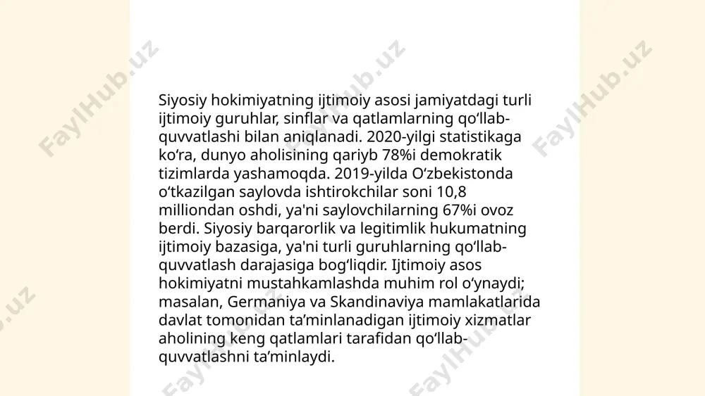 ig'ida barqaror bo'lib, bu ham ijtimoiy dinamikani o'zgarishiga sabab bo'lgan. hokimiyat va jamiyat o'rtasidagi aloqalar ijtimoiy barqarorlik va rivojlanish uchun hal qiluvchi omillarni tashkil etadi. ... t.me/slaydai_bot madaniyat va siyosiy liderlik mavzusi jamiyatdagi turli madaniy qadriyatlar va siyosiy shaxslarning roli haqida ma'lumot beradi. juda ko‘p siyosiy liderlar madaniyat orqali xalq bilan aloqalarni mustahkamlashga intiladi. xalqaro miqyosda, masalan, mahatma gandi hindistonda tinchlik va madaniy birlamchilik uchun kurashgan. madaniyat va siyosiy liderlik o‘rtasida doimiy o‘zaro ta'sir mavjud bo‘lib, madaniy liderlar ham xalqning ruhiyati va qadriyatlarini shakllantiradi. jahon banki ma'lumotlariga ko‘ra, rivojlanayotgan mamlakatlarda madaniyat va siyosiy liderlik ijtimoiy barqarorlikni ta'minlashda muhim rol o‘ynaydi, bu esa iqtisodiy o‘sishni rag‘batlantiradi. respublikamizda bu borada alohida o'rnak olish mumkin. ... t.me/slaydai_bot 10. hokimiyat va madaniy identifikatsiya hokimiyat va madaniy identifikatsiya o'zbekistonda muhim mavzulardan biridir. 2020-yilda o'zbekiston aholisi 34,2 million kishini tashkil etdi. shuningdek, mamlakatda 130 dan ortiq millat va elatlar yashaydi. 1991-yilda mustaqillikka erishgan o'zbekiston o'z madaniy …