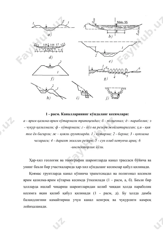 ,25 қабул қилинади. канал трассасини танлаш ва унинг бўйлама кесими канал трассаси йўналиши унинг вазифасидан келиб чиққан ҳолда танланади. ичимлик суви учун мўлжалланган каналлар аҳоли истиқомат қилувчи масканларидан ўтмаслигини таъминлаш, санитар зоналарни ташкил қилиш лозим. суғориш каналлари трассаси жойнинг юқори нуқталаридан, заҳ қочириш каналлари трассаси жойининг паст сатҳидан ўтказилади. энергетик каналлар трассасини белгилашда йўқотилган энергиянинг минимал нархлар йиғиндиси ва фойдаланиш даврида кетган нархни ҳисобга олган ҳолда ўтказилади. трассани танлашда, одатда рельефнинг тегишли жойларида бошланғич ва охирги пунктлар орасида ўтказиладиган трассанинг мумкин бўлган вариантлари кўриб чиқилади. сўнгра каналнинг ўртача нишаблиги аниқланади. қабул қилинган нишабликлар каналдаги сув оқими тезлиги йўл қуйиладиган тезликдан катта бўлса, уни участкаларга бўлинади, трассанинг энг ноқулай жойларида туташтирувчи, тўсиқлардан сув ўтказувчи иншоотлар ўрнатилади. канал баландликлар билан кесишганда канал трассаси турлича сув сатҳига эга бўлган участкаларга бўлинади. участкалар орасидаги сув сатҳлари фарқибаландликка кўтарилишда насос станциялар ва ундан тушишда туташтирувчи иншотлар ёрдамида бартараф этилади. канал трассасини ўтказишда ноқулай бўлган мухандис …