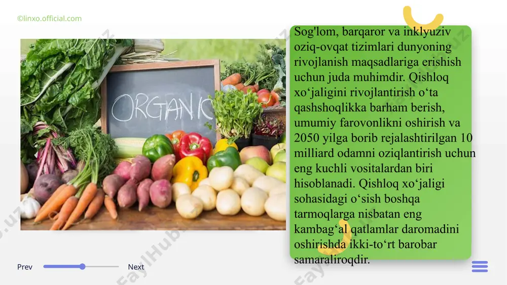 aponiya, germaniya va turkiya kiradi. qishloq xo'jaligi ishlab chiqaruvchi 10 ta eng yirik mamlakatlar dunyo aholisini oziqlantirishda katta rol o'ynaydi. bu mamlakatlar dunyoning katta miqdordagi oziq-ovqat ta'minotini ta'minlaydi va ularning qishloq xo'jaligi tarmoqlari iqtisodiyotida muhim rol o'ynaydi. bu mamlakatlarda don, meva, sabzavot, goʻsht, sut, dengiz mahsulotlari kabi turli qishloq xoʻjaligi mahsulotlari yetishtiriladi. ular jahon qishloq xo‘jaligi iqtisodiyotida ham muhim o‘rin tutadi, o‘z mahsulotlarini butun dunyo mamlakatlariga eksport qiladi. 2024-yilda dunyodagi eng koʻp qishloq xoʻjaligi ishlab chiqaruvchi davlatlari haqida 84% 2024-yilda qishloq xoʻjaligining yetakchi mamlakatlari haqida ©linxo.official.com xitoy guruch, bug'doy, makkajo'xori va kartoshka bo'yicha dunyodagi eng yirik ishlab chiqaruvchi hisoblanadi. 2020-21-yillarda xitoyda 212 million tonna guruch, 134 million tonna bugʻdoy, 266 million tonna makkajoʻxori, 94 million tonna kartoshka va boshqa ekinlar yetishtirildi. qo'shma shtatlar dunyodagi ikkinchi yirik qishloq xo'jaligi ishlab chiqaruvchisi bo'lib, 605 million tonna qishloq xo'jaligi mahsulotlarini ishlab chiqaradi va bu dunyo oziq-ovqat ta'minotiga katta hissa qo'shadi. qo'shma shtatlar makkajo'xori, …