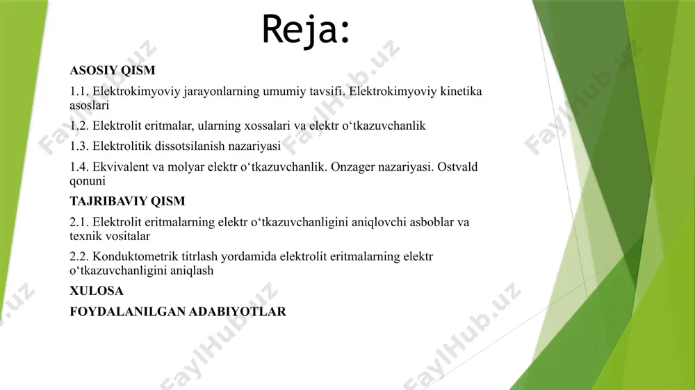us qonuni) harorat oshgan sari ionlar harakati kuchayadi → reaksiya tezligi ortadi. arrenius tenglamasi: k — reaksiya tezligi konstantasi, ea​ — aktivatsiya energiyasi (kj/mol), r — gaz doimiysi (8.314 j/mol·k), t — temperatura (k), a — preeksponensial faktor (tezlik ehtimoli). lars onzager – norveg-amerikalik fizik va kimyogar bo‘lib, u termodinamika va elektro-kimyo sohalariga muhim hissa qo‘shgan. u 1931-yilda termodinamik sistemalarning teskari jarayonlaridagi chiziqli bog‘lanish qonuniyatlarini aniqlab, shu orqali "onzager o‘zaro ta’sir koeffitsientlari" deb nomlanuvchi tushunchani ilgari surdi. bu nazariya hozirgi zamon elektrokimyosi va transport hodisalari termodinamikasining asosiy qismini tashkil etadi. 1968-yilda u nobel mukofoti bilan taqdirlangan. bu rasmda: ekvivalent elektr o‘tkazuvchanlikning 1/c ga bog‘liqligi. lars onzager tomonidan yaratilgan nazariya termodinamikaning klassik tushunchalarini kengaytirib, uni mikroskopik tizimlarga ham qo‘llash imkonini berdi. uning o‘zaro ta’sir koeffitsientlarining simmetriya qonuni bugungi kunda fizik kimyo, materialshunoslik va biologik tizimlar nazariyalarining ajralmas qismiga aylangan. uning ishlari faqat nazariy emas, balki eksperimental asosga ham ega bo‘lgan. ko‘plab …