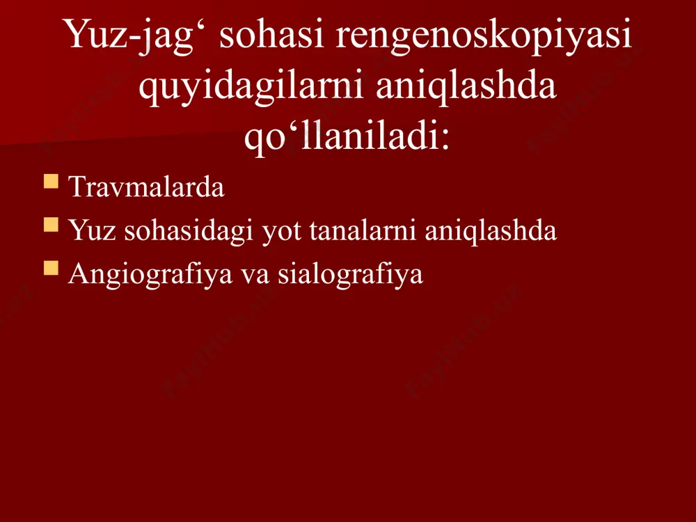 ligi, formasi, konturlari; ildiz kanali: borligi, yo‘ligi, plomba materiali bo‘lganda kengligi-to‘lish darajasi. periodontal yoriq: kengligi, bir xilligi; alveolalar kompakt plastinkasi: borligi, yo‘qligi, kengligi, butunligi buzilishi borligi atrofdagi suyak to‘qima: osteoporoz, destruksiya, osteoskleroz. alveolyararo to‘siqlar: joylashishi, cho‘qqi formasi, suyak kompakt plastinkasi saqlanganligi, strukturasi. image1.jpeg image2.jpeg image3.jpeg image4.jpeg /docprops/thumbnail.jpeg