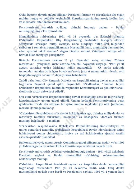 b, tagdor siyosiy ma’noga ega edi. islom karimov aeroportdan to‘g‘ri hukumat binosiga kelib, kechqurun hukumat a’zolari bilan uchrashdi hamda o‘zbekiston ssr hududida gkchpning qonunga zid qarorlarini bekor qilish haqida ko‘rsatma berdi. shu tariqa gkchp gumashtalari o‘zbekitston hukumati nomidan qabul qilgan barcha hujjatlarni bekor qildi”. yaqin o‘tmishning bu voqealarini eslash va eslatishdan muddao esa yangi konstitutsiyamizni yaratish yo‘lidagi kurashlar mustaqillik uchun kurashning uzviy, ajralmas qismi ekanligini e’tirof etishdan iborat. zero, biz o‘z istiqlolimizni qanday qiyinchiliklar bilan, qanday sinov va suronli kurashlar bilan qo‘lga kiritgan bo‘lsak, o‘zbekistonning birinchi konstitutsiyasini yaratish yo‘lida ham xuddi shunday murakkab sinovlarni boshdan kechirdik. bir so‘z bilan aytganda, istiqlol arafasida vujudga kelgan og‘ir sharoit, siyosiy, iqtisodiy, ijtimoiy qiyinchiliklarga, turli to‘siqlarga qaramasdan, xalqimiz birinchi prezident islom karimov boshchiligida o‘zining asriy orzusi – o‘zbekistonning davlat suvereniteti va mustaqilligi sari qat’iyat bilan harakat qilishda davom etdi. o‘sha beorom davrda qabul qilingan prezident farmon va qarorlarida aks etgan muhim huquq va qoidalar …