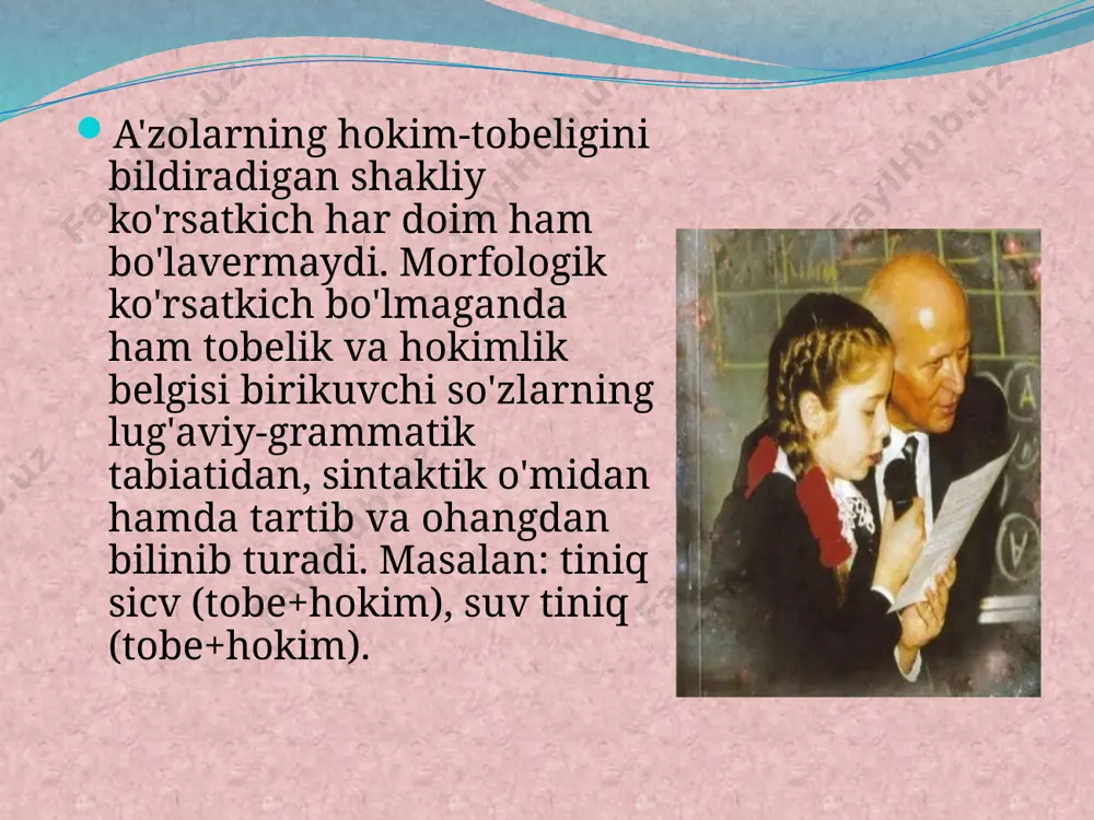 lligi asosida emas, balki har ikki a'zoning ham bir-biriga, avvalo, ma'noviy, qolaversa, shakliy, joylashuv jihatdan moslashishi asosida yuz beradi. chunki tobelanayotgan leksemaning birikish imkoniyati voqelanishga, hokim a'zoning biriktirish talabi esa qondirilishga intiladi. sbdagi a'zolarning goh bittasining (maktabga bormoq), goh ikkinchisining ham (maktabning bog'i) grammatik shakllanishi asosida sintaktik aloqaning ikki xil - bir tomonlama aloqa, ikki tomonlama aloqa turini farqlash ma'qui emas. unda bitishuvli (keng dala) birikmalarni hech qanday aloqasiz birikma deyishga to'g'ri kelgan bo'lar edi. yuqoridagi aloqaning ikki ko'rinishi bog'lovchi vositaga qarab belgilangan, xolos. so'z birikmasida aloqa har doim ham ikki tomonlamadir. sb a'zolarining ikki yoqlama birikish imkoniyati (tobe a'zo) va biriktirish talabi (hokim a'zo) aloqadorligi bevosita a'zolarning birikish-b iriktirish qobiliyatiga asoslanadi. sb a'zolari orasidagi bog'lanish har bir so'zda yaxlit holda mavjud bo'lgan ma'noviy (m), shakliy (sh), joylashuv (j) omillarining o'zaro muvofiqligiga tayanadi. masalan, kitobni o'qimoq birikmasidagi kitobni so'zshaklida hokim so'zga birikishini ta'minlaydigan m, sh, j omillari bo'lganligi kabi o'qimoq …