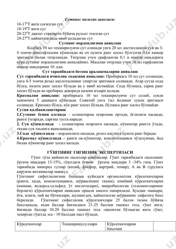 г, овқат бўлаклари бор iv. гуруҳ – жуда ифлос сут – қон, йиринг ва бошқа ифлосликлар бўлган сут. шиша идишларга солинган сут i гуруҳга, флягалардаги сут эса ii гуруҳга мос келиши лозим. сутнинг зичлигини аниқлаш зичлик- сутнинг солиштирма оғирлиги – маълум миқдордаги 200с ҳароратга эга бўлган сут вазнининг худди шу ҳажмдаги 40сдаги сувнинг вазнига бўлган нисбатидир. сутнинг солиштирма оғрилиги лактоденсиметр асбоби ёрдамида ўлчанади. лактоденсиметрнинг 2 та шкаласи бўлиб, юқоридаги шкала сутнинг ҳароратини, пастдаги эса солиштирма оғирлигини кўрсатади. сутнинг солиштирма оғирлиги 200с ҳароратда аниқланади. агар текширилаётган сутнинг ҳарорати 200с дан юқори ёки паст бўлса, кўрсаткичга ўзгартириш киритилади. ҳар бир градус фарқ учун 0,002 қўшимча қўшиладжи ёки олиб ташланади. сутнинг солиштирма оғирлиги 1,028 дан 1,033гача. агар сутнинг зичлиги 1,028 паст бўлса, сутга сув қўшилган, 1033 юқори бўлса, ёғи олиган бўлади. сутнинг зичлигини аниқлаш учун текширилаётган сут цилиндр идишнинг 2/3 қисмига солинади ва идиш деворларига лактоденсиметрдан аста теккизмай туширилиб, 2-5 дақиқага қолдирилади. 2-5 …