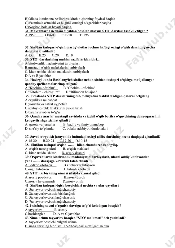 fan arboblari bilan tanishtirish uchun moʻljallangan asarlar d)ilmiy, tarixiy mavzulardagi ajdodlarimiz hayoti toʻgʻrisidagi asarlar 25. dilfuza kamoljonovaning"bayramingiz qutlugʻ boʻlsin"ilmiy ommabop asarida mustaqillik haqida nima deyilgan? a) mustaqillik-avlod-ajdodlarimizning mashaqqatli mehnati mevasidir b) mustaqillik-avlod ajdodlarimizning koʻp yillar osha kutgan erkinlik hurlik degani, erkin fikrlash, mustaqil harakat qilishdir c) mustaqillik vatanimizning uzoq muddatli qaramlikdan keyingi mustaqil taraqqiyot davridir. d) mustaqillik dunyoning turli davlatlari bilan bir qatorda oʻziningerkinliklariga ega boʻlishi 26. 3-sinf oʻqish kitobining"ulugʻlardan oʻrganmoq oqillik"deb nomlangan boʻlimida nimalar haqida fikr yuritiladi? a) buyuk ajdodlarimizning oʻtmishda qilgan buyuk ishlari haqida b) oʻtmishda yashab ijod qilgan ajdodlarimizning vatan ravnaqi uchun qilgan ishlari haqida c) ajdodlarimizning kuchli bilimga ega ekanligi, ularning bizga qoldirgan buyuk meroslari toʻgʻrisida d)oʻtmishda yashab xalqi va vatani uchun, maʼrifat rivoji uchun xizmat qilishni niyat qilib qoʻygan allomalar jasorati toʻgʻrisida 27. "ulugʻlardan oʻrganmoq oqillik boʻlimida nechta ilmiy ommabop uslubdagi asarlar keltirilgan? a)16 b)17 c)18 d)19 28.boshlangʻich sinflarda ilmiy ommabop asarlarni oʻqitishning asosiy maqsadi..... …