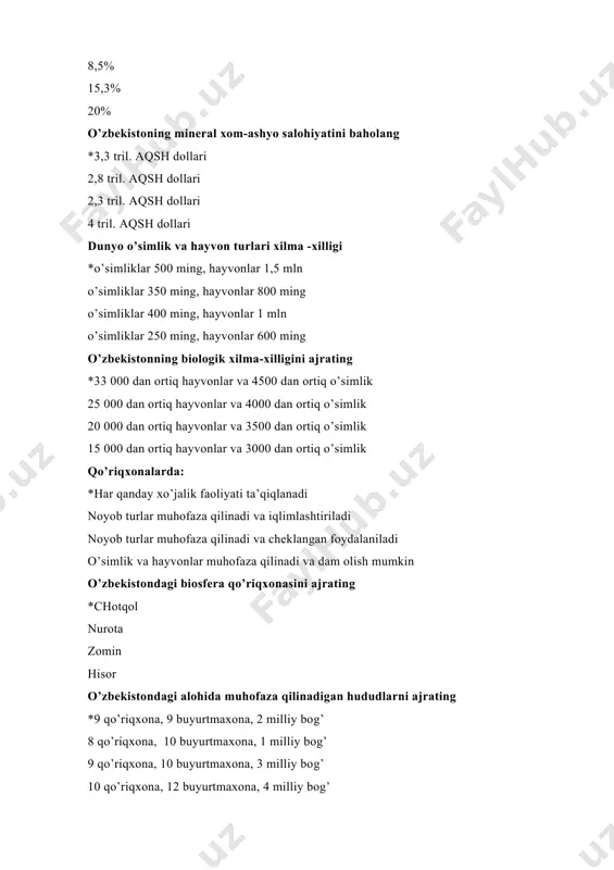 50km3 450-500km3 o’rta osiyodagi daryolarning asosiy to’yinish manbalari *qor, muz yomg’ir muz, yomg’ir er osti suvlari “tabiat-jamiyat» tizimining evolyutsion rivojlanishi tarixida nechta ijtimoiy-ekologik bosqich mavjud? *5 3 4 2 “tabiat-jamiyat» tizimining evolyutsion rivojlanishi tarixidagi ijtimoiy-ekologik bosqichlar to’g’ri kщrsatigan javobni belgilang *ibtidoiy agrar,industrial, texnogen, noogen ibtidoiy feodal, texnogen, noogen biogen, ibtidoiy feodal, texnogen, noogen biogen, ibtidoiy feodal, texnogen ekolog olim odum (1986)ning ekologiya faniga bergan ta’rifini ko’rsating. *«tabiat va jamiyatdagi o’zaro aloqador ko’p darajali sistemalarning tuzilishi va faoliyati to’g’risidagi fanlararo bilim soxasidir” “ekologiya –tabiat va jamiyatning o’zaro aloqfasini o’rganadigan fan” “ekologiya tabiatda bo’ladigan jaranlarni o’rganadigan fan” “ekologiya atrof muhitga insonlarni ta’sirlari natijasini o’rganuvchi fandir” ekologiyada mavjud muammolarni o’rganish va hal qilish masalasiga necha xil yondashish mavjud? *2 4 5 3 xozirgi zamon ekologiyasida mavjud muammolarni o’rganish va hal qilishda ...... mavjud *antropotsentrik ekotsentrik yondashish antropotsentrik texnotsentrik texnotsentrik, ekotsentrik antropotsentrik, nootsetrik. antropotsentrik yondashishda............ *ekologik muammolarni hal qilishning texnologik choralari asosiy deb hisoblanadi …
