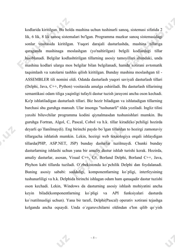 agi (free pascal) dasturlash tili delphi dasturlash muhitida gnu/linux, mac os x va windows ce platformalari uchun dasturlar yaratishga imkoniyat beradi. visual basic (talaffuzi: "vijual beysik") – microsoft korporatsiydan dasturlash tili va uning uchun dasturlash muhitdir. u basicdan ko`p tushunchalar oldi va tez rasmli interfeys bilan dasturlar taraqqiyot ta`minlaydi. oxirgi versiya 6.0 1998 yilda reliz kelishdi. microsoftdan voris visual basic .net 2002 yilda paydo bo`ldi. java dasturlash tili - eng yaxshi dasturlash tillaridan biribo'lib unda korporativ darajadagi mahsulotlarni(dasturlarni) yaratish mumkin.bu dasturlash tili oak dasturlash tili asosida paydo bo'ldi. oak dasturlash tili 90-yillarning boshida sun microsystems tomonidan platformaga(operatsion tizimga) bog'liq bo'lmagan holda ishlovchi yangi avlod aqlli qurilmalarini yaratishni maqsad qilib harakat boshlagan edi. bunga erishish uchun sun hodimlari c++ ni ishlatishni rejalashtirdilar, lekin ba'zi sabablarga ko'ra bu fikridan voz kechishdi.oak muvofaqiyatsiz chiqdi va 1995-yilda sun uning nomini java ga almashtirdi, va uni www rivojlanishiga hizmat qilishi uchun ma'lum o'zgarishlar qilishdi. java …