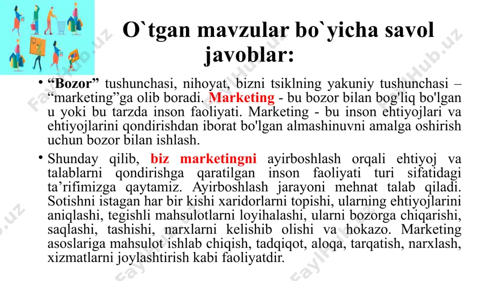 avtomobillarga katta yashirin talab mavjud. marketingning vazifasi potentsial bozor hajmini baholash va talabni qondira oladigan samarali mahsulot va xizmatlarni yaratishdir. talabning pasayishi (падающий). ertami-kechmi, har qanday tashkilot bir yoki bir nechta mahsulotiga talabning pasayishiga duch keladi. cherkovga borish kamaymoqda, xususiy kollejlarga kirishni xohlovchilar soni kamaymoqda. marketolog pasayish sabablarini tahlil qilishi va yangi maqsadli bozorlarni topish, mahsulot xususiyatlarini o'zgartirish yoki samaraliroq aloqa o'rnatish orqali sotishni yana rag'batlantirish mumkinligini aniqlashi kerak. marketingning maqsadi - mahsulot taklif qilish uslubimizni ijodiy qayta ko'rib chiqish orqali talabning pasayish tendentsiyasini qaytarishdir. tartibsiz talab (нерегулярный). ko'pgina tashkilotlar uchun sotuvlar mavsumiy, kunlik yoki hatto soatlik ravishda o'zgarib turadi, bu esa kam yuklanish va to'lib ketish muammolarini keltirib chiqaradi. jamoat transportining aksariyat qismi bu vaqtda yuklanmaydi kunduzi sukunat va eng yuqori soatlarda tirbandlikka dosh bera olmaydi. ish kunlarida muzeylarga tashrif buyuruvchilar kam, dam olish kunlari esa zallar gavjum. hafta boshida shifoxonalarda operatsiyalar uchun navbat paydo bo‘ladi, hafta oxiriga kelib …