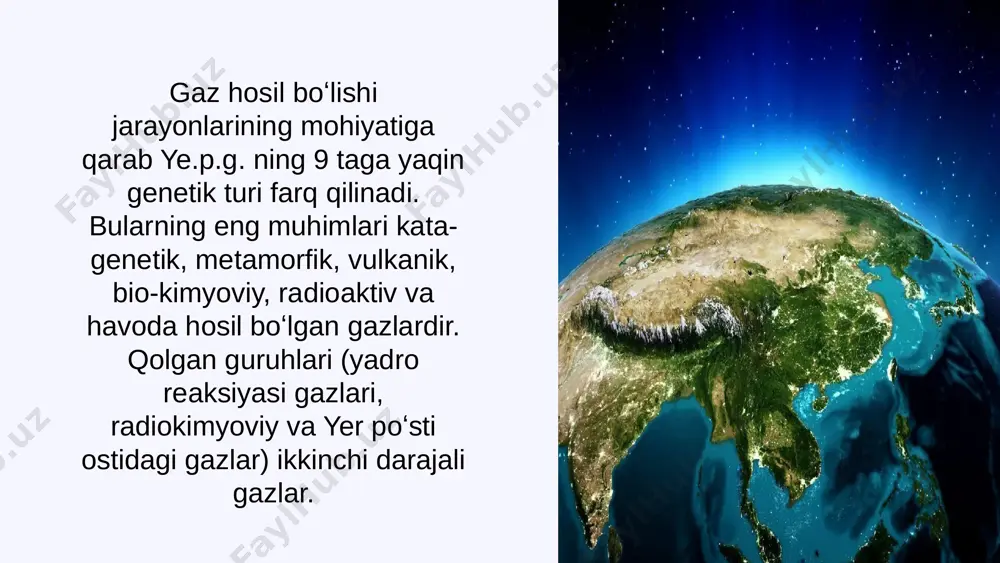 da toʻplanadi. gaz uyumlari tuzilishiga koʻra massiv va qatlamli boʻladi. katlamli uyumlarda gaz maʼlum qatlam (kollektor)da toʻplanadi, massiv uyumlarda esa maʼlum qatlamlarda toʻplanmaydi. 10 neft va gaz to'plamlarining asosiy xususiyatlari kimyoviy tarkib neft va gaz to'plamlarining asosini organik moddalar, asosan uglevodorodlar tashkil qiladi. fizik xossalar ular turli agregatli holatda bo'lishi mumkin: suyuq, gaz yoki qattiq. joylanish xususiyatlari neft va gaz to'plamlari yer po'stining turli qatlamlarida, katta-kichik konlarda joylashgan. miqdor ularning miqdori va sifati turlicha bo'lib, tog'-kon sanoati uchun katta ahamiyatga ega. 2 yer po'stining tuzilishi va unda neft va gaz to'plamlarining joylashuvi qatlamli tuzilish yer po'sti asosiy qismlar - qobiq, ustki qavat va yadrodan iborat. neft va gaz asosan qobiq va ustki qavatlarda joylashgan. geologik tuzilish yer po'stining tektonik plitalar va sinish chiziqlari neft va gaz to'plamlarining joylashuviga katta ta'sir ko'rsatadi. 3 neft va gaz to'plamlarining geografik tarqalganligi kontinental hududlar neftning asosiy zaxiralari yevropada, osiyo va afrikada, gaz esa yevropa, …