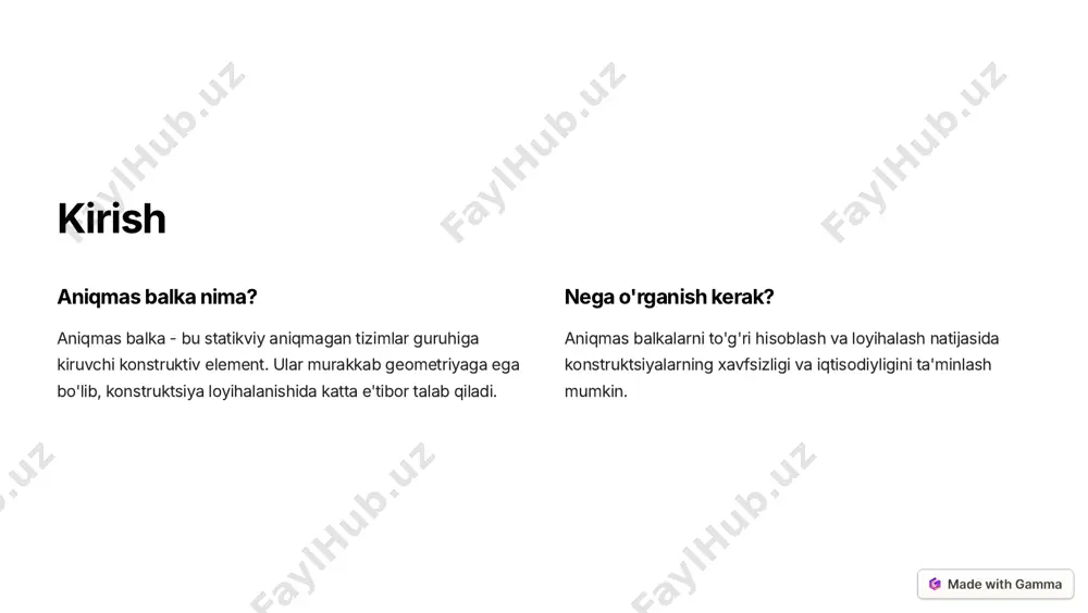 amlik tekshiruvi 6 aniqmas balkalarni hisoblash jarayoni bir necha bosqichlardan iborat bo'lib, geometriya, yuklanish va boshqa parametrlarni hisobga olishni talab etadi. https://gamma.app/?utm_source=made-with-gamma yuk turlarini hisobga olish o'z og'irligi balka konstruktsiyasining o'z og'irligi hisoblashlarda e'tiborga olinadi. foydalanish yuki binolar, ko'priklar va boshqa inshootlarda foydalanish yuki hisobga olinadi. shamol yuki shamol ta'siridan kelib chiqadigan yuklar hisobga olinishi lozim. seysm yuki yer harakatlari natijasida vujudga keladigan seysm yuklar hisobga olinadi. https://gamma.app/?utm_source=made-with-gamma kuchlanishlar va deformatsiyalar 1 tashqi yuklar balka tizimiga ta'sir etuvchi tashqi yuklar aniqlanadi. 2 ichki kuchlar hisoblangan tashqi yuklar natijasida balka kesimida vujudga keladigan ichki kuchlar aniqlana di. 3 deformatsiya ichki kuchlar ta'sirida balka elementlarida vujudga keladigan deformatsiyalar hisoblanadi. 4 kuchlanishlar deformatsiya natijalari asosida balka kesimida vujudga keladigan kuchlanishlar baholanadi. https://gamma.app/?utm_source=made-with-gamma tugunsiz aniqmas tizimlar 1 mavjudlik tugunsiz balka tizimlar asosiy turlaridan biri hisoblanadi. 2 tahlil ular aniqmas tizimlarning turli tiplarini o'z ichiga oladi. 3 parametrlar geometriya, yuklanish va materiallarga bog'liq parametrlar hisobga …