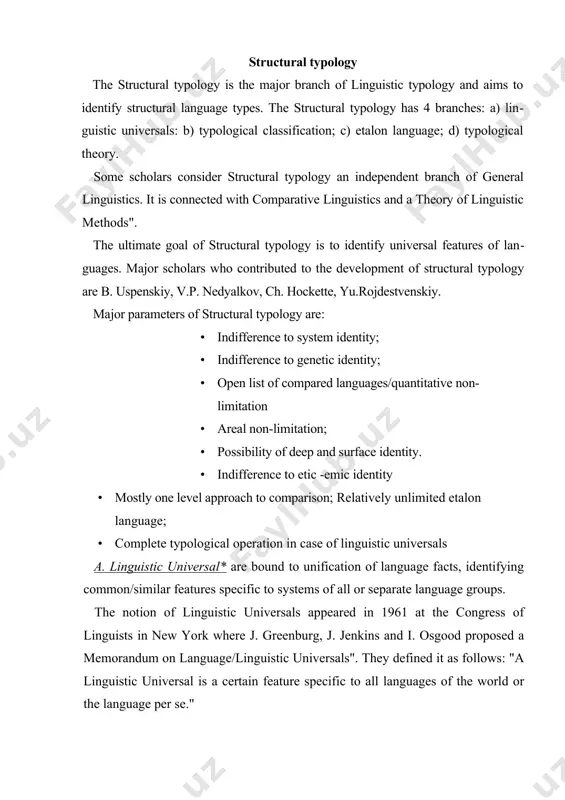 als opposed to restricted (relative, partial) universals (some scholars prefer the term "tendency" instead of "universal"). according to language hierarchy there are pho​netic, morphological, lexical and syntactic universals. other types include deduc​tive and inductive; synchronic and diachronic universals; universals of speech and universals of language. for example, universals related to the levels of language hierarchy: universal type universal phenomenon. phinetic morphological features: all languages have vowels and consonants. morphological: a) in most languages words are structured into morphemes, b) morphemes function as full and auxiliary elements. lexical: a) in all languages vocabulary is a system of semantic fields. b) in all languages there is polysemy, synonymy, antonymy. syntactic: in all languages there is a distribution of a subject-verb- object. examples of full universals: "if a language has discreet morphemes, there are either pre-fixation or suffixation or both of them". "if a language is exclusively suffixational, it is a language with …