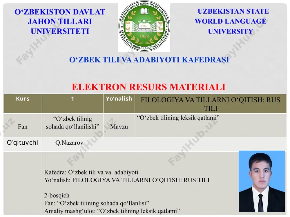 -tadbirlari toʻg‘risida”gi pq-40 son qarori. oʻzbek tilining izohli lug‘ati (5 jildli). – toshkent: oʻzbekiston milliy ensiklopediyasi, 2005–2008. foydalanladigan adabiyotlar axborot manbalari https://lex.uz/docs http://sahifa.tj/uzbeksko-russkij.aspx -uzbeksko-russkiy perevodchik. http://library.ziyonet.uz/ - ta’lim portali leksikologiya leksikologiyaning obyekti tilning lug‘at boyligidir. bu boylik tilshunoslikda leksika deb ataladi. leksikologiyaning predmeti lug‘at boyligining strukturaviy va sistemaviy хususiyatlarini, taraqqiyot qonuniyatlarini, tilning boshqa sathlari (fonetik sath, grammatik sath) bilan aloqasini tadqiq qilishdan iborat. leksika soʻzlar frazemalar leksikologiyaning vazifalari b) lug‘aviy birliklarning funksional-semantik tavsifini berish, ularning lisoniy va uslubiy vositalar sifatidagi хususiyatlarini yoritish; d) lug‘at boyligidagi eskirgan, yangi va zamonaviy qatlamlarni, tematik guruhlar va mikrosistemalarni aniqlash; 1 2 3 muayan tilning lug‘at boyligidagi eskirish va yangilanish jarayonlari, bu jarayonlarda lisoniy va nolisoniy (lingvistik va ekstralingvistik) omillarning ishtirokini o‘rganish; e) talabalarni leksikaga oid nazariy bilimlar bilan qurollantirish, ularda leksik-semantik tahlil ko‘nikmalarini shakllantirish. 4 leksikologiyaning turlari: umumiy leksikologiya xususiy leksikologiya 1. umumiy leksikologiya umumiy leksikologiyada barcha tillarning lug‘at boyliklaridagi umumiy holatlar, bu tizimlarning …