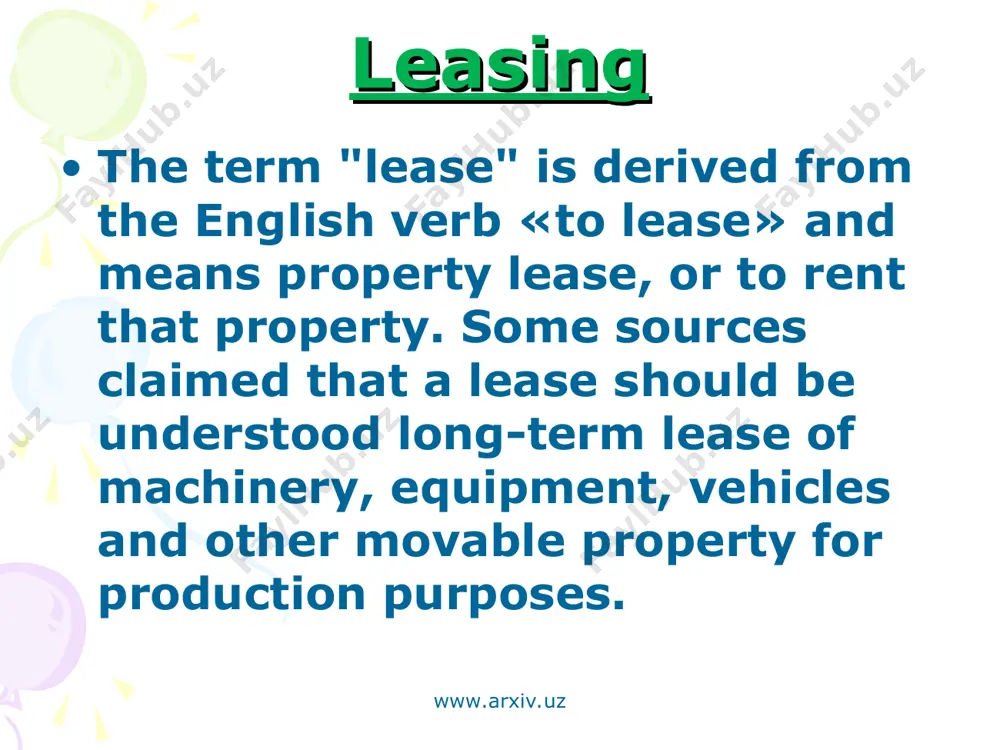 ng" is defined two types of leasing: financial leasing operational leasing www.arxiv.uz www.arxiv.uz www.arxiv.uz www.arxiv.uz www.arxiv.uz www.arxiv.uz www.arxiv.uz www.arxiv.uz www.arxiv.uz www.arxiv.uz www.arxiv.uz by the volume of transmitted service equipment leasing specialists shared on a "clean" and "wet." www.arxiv.uz www.arxiv.uz www.arxiv.uz depending on the sector of the market, where leasing operations are carried out, and the following types of leases: domestic (internal) leasing, when all participants in the transaction from the same country; international (external) leasing when the lessor and the lessee are in different countries, i.e. the seller of the property may be located in another country and be a resident of another state. www.arxiv.uz depending on the nature of leasing relations leasing deals are divided into: www.arxiv.uz www.arxiv.uz depending on the participants in the financing of leasing property lease is divided into: www.arxiv.uz www.arxiv.uz depending on the right to use a third party are the following types of leasing: …