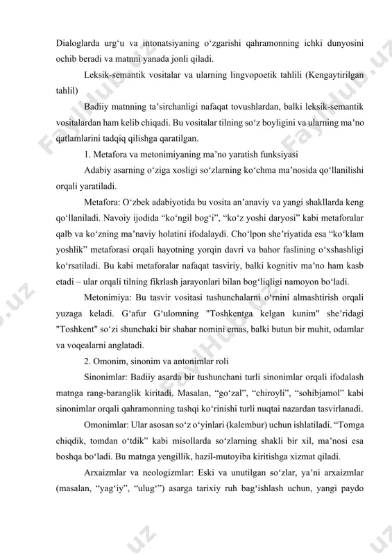 dik” kabi misollarda soʻzlarning shakli bir xil, maʼnosi esa boshqa boʻladi. bu matnga yengillik, hazil-mutoyiba kiritishga xizmat qiladi. arxaizmlar va neologizmlar: eski va unutilgan soʻzlar, yaʼni arxaizmlar (masalan, “yagʻiy”, “ulugʻ”) asarga tarixiy ruh bagʻishlash uchun, yangi paydo boʻlgan soʻzlar, yaʼni neologizmlar (masalan, “startap”, “bloger”) esa zamonaviy muhitni yaratish uchun ishlatiladi. sintaktik tuzilma va matnning poetikasi (kengaytirilgan tahlil) tilning poetik kuchi faqat soʻzlar bilan chegaralanmaydi. gaplarning tuzilishi, soʻz tartibi va grammatik konstruksiyalar ham asarning badiiy taʼsirini belgilaydi. 1. soʻz tartibi va urgʻu oʻzbek tilida gap boʻlaklarining nisbatan erkin joylashuvi yozuvchi yoki shoirga katta imkoniyat beradi. u maʼlum bir gap boʻlagiga urgʻu berish uchun uning oʻrnini oʻzgartirishi mumkin. masalan, "sen kelding, qara, bahor ham keldi" gapida “bahor”ning urgʻuli joyga qoʻyilishi, uning kelishiga alohida eʼtibor qaratadi. 2. badiiy sintaktik figuralar inversiya: gap boʻlaklarining odatiy tartibini oʻzgartirish. “bir oʻlka borki, unda yashar xalqim” kabi sheʼriy misralarda inversiya matnga yuksak va tantanavor ohang beradi. anafora …