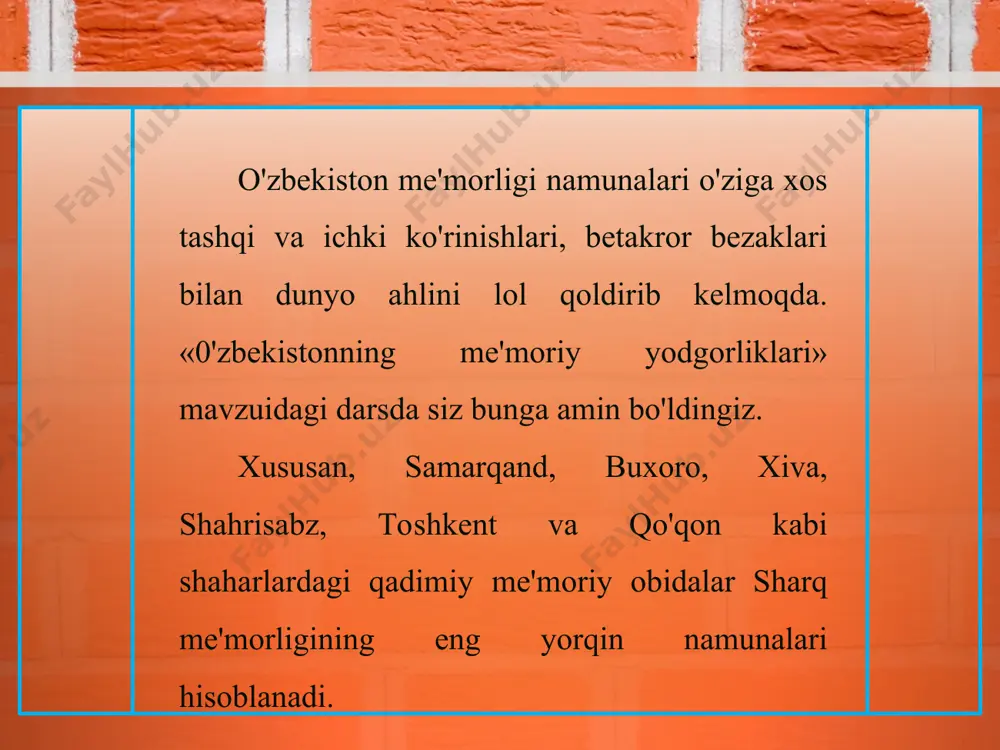 tasini tanlab, uning maketini ishlashingiz mumkin. buning uchun qalinroq qog'oz, karton, qaychi, yelim, pichoqcha, chizg'ich va shu kabi ish qurollari kerak bo'ladi. dastlab o'zingizga ma'qul bo'igan qismlarni ajratib oling. bular alohida-alohida yasaladigan minoralar, peshtoq, gumbaz, panjara va shu kabilar bo'lishi mumkin. * * minora, asosan, yaxlit qog'ozdan yasaladigan kesik konussimon ko'rinishdagi alohida qism. uning ustida gumbazcha, arka joylashtiriladi yoki ochiq qoldiriladi. minora quyidagi tartibda yasaladi: dastlab katta qog'oz sirtiga minoraning 47-a rasmdagi yoyilmasi chiziladi va qirqib olinadi. qog'ozning bu bo'lagiga me'moriy obidalarga xos bezak ishlanadi. bu ish akvarel yoki guash bo'yog'ida bajariladi. yoyilmaning sirtiga berilgan bezak bo'yog'i qurigach, ularni o'rab, konussimon ko'rinishga keltiring. so'ng, yelimlab yopishtirib qo'ysangiz rasmda ko'rsatilgan minoraning asosiy ko'rinishi hosil bo'ladi. endi uning yuqori qismiga gumbazcha, arka o'rnatishingiz mumkin. gumbaz, odatda, ko'k rangga bo'yaladi. gumbazning yuqori nuqtasidan pastga biroz kengayib ketuvchi qabariq yo'lakchalarni birinchi bergan rangingizdan to'qroq va ochroq rangda yorug'-soya qoidalari asosida berib chiqsangiz, gumbaz qabariqsimon …