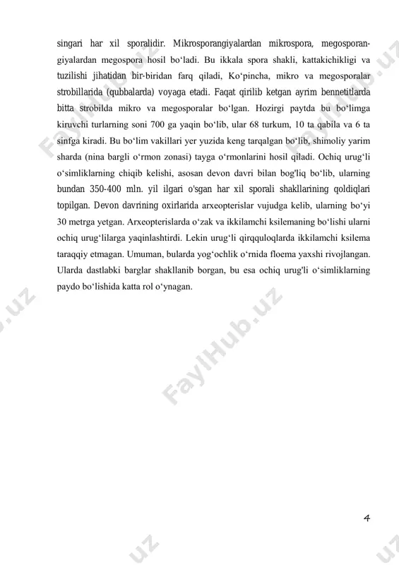 ng uruglari mevaning ichida emas, balki megosporafillarda ochiq holda joylashadi. urugkurtak megosporangiydan nutsellusdan tashkil topgan bolib, tashqi tomonidan intgument bilan orab olingan. megosporofilning otalanishidan urug rivojlanadi. ochiq uruglilarning muhim xususiyatlaridan biri spermatozoidning spermiyaga aylanishidir. spermiyani hosil 6 bolishi bu osimliklarni suvsiz muhitida ham otalanishiga imkon yaratib beradi. ochiq uruglilar mdh ning shimoliy qismida, uralda, markaziy osiyoda va kavkazda keng tarqalgandir. ochiq uruglilarnig kelib chiqishi, klassifikatsiyasi olimlar orasida jonli munozaraga sabab bolmoqda. barcha arxegonial osimliklar uchun xos xususiyat (moxsimonlardan to ochiq uruglilargacha) tuxum xujayraning arxegoniyda hosil bolishidir. 1.1.1-rasm zich gulli qaragay ochiq uruglilarning tarqqiy etgan shakillarining hosil bolishi yopiq uruglilarning hosil bolish davriga - devon davriga togri keladi. ochiq uruglilar quyidagi 3 ta sinfga bolinadi. 1-sinf sagovniklar. 2-sinf qubbalilar 3-sinf qobiqli uruglilar. qubbalilar sinfi kordaitlar, ginkolar va ninabarglilar - qaragaylar tartibiga bolinadi. qaragaylar tartibi. bu tartib vakillari toshkomir davrining oxiri karbon 7 davrining boshida keng tarqalgan. yura davrida barq urib rivojlangan. …