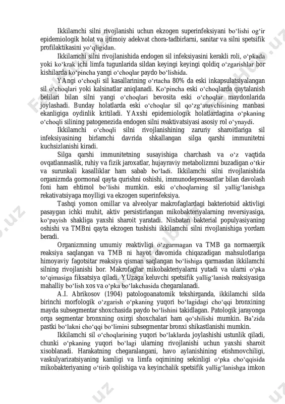 endogen reaktivatsiyasi. ko‘pgina kasallanuvchilarda bakteriya ajratuvchi kasallar bilan aloqada bo‘lganligi, ekzogen superinfeksiyaning roli muhimliligi tasdiqlangan. sil bilan kasallanish oilaning katta a’zolarida, boshqalariga qaraganda 8 – 10 marotaba ko‘p. silga qarshi dispanserlardagi tibbiyot xodimlarida ham sil 5 – 6 marta ko‘p aniqlanadi. ikkilamchi silni rivojlanishida ekzogen superinfeksiyaning boshqa tasdiqlangan zaruriy roliga – birinchi marta aniqlangan va ilgari davolanmagan kasallarda mikobakteriyani dorilarga birlamchi turg‘un bo‘lishi kiradi. bunday silga qarshi dorilarga turg‘un bo‘lgan tmb aniqlangan bemorlar, bular sil infeksiyasi manbaida bo‘lgan bemorlardir. ikkilamchi silni rivojlanishi uchun ekzogen superinfeksiyani bo‘lishi og‘ir epidemiologik holat va ijtimoiy adekvat chora-tadbirlarni, sanitar va silni spetsifik profilaktikasini yo‘qligidan. ikkilamchi silni rivojlanishida endogen sil infeksiyasini kerakli roli, o‘pkada yoki ko‘krak ichi limfa tugunlarida sildan keyingi keyingi qoldiq o‘zgarishlar bor kishilarda ko‘pincha yangi o‘choqlar paydo bo‘lishida. yangi o‘choqli sil kasallarining o‘rtacha 80% da eski inkapsulatsiyalangan sil o‘choqlari yoki kalsinatlar aniqlanadi. ko‘pincha eski o‘choqlarda qaytalanish belilari bilan silni yangi o‘choqlari bevosita eski …