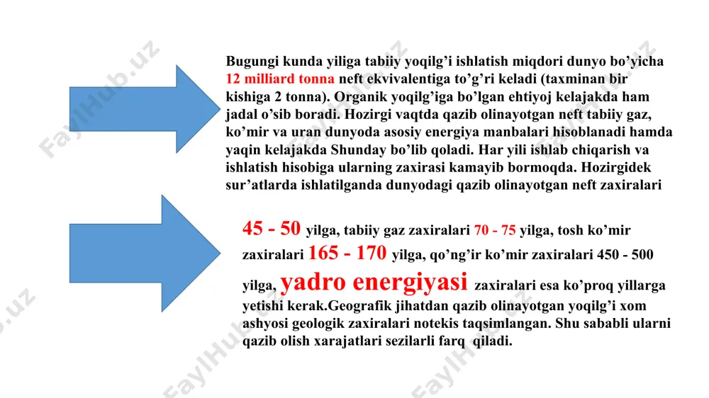 osan ko’rgazma xarakteriga ega bo’ldi. shu bilan birga respublika hozirning o’zida quyidagi qayta tiklanuvchi energetika texnologiyalarini keng qo’llash imkoniyatiga ega: 1.suv issitish quyosh panellari; 2.elektr energiya ishlab chiqarish uchun mikrogidroelektr stansiyalari 3.elektr energiya ishlab chiqarish uchun quyosh fotoelektr tizimlari . 4.elektr energiya ishlab chiqarish uchun shamol generatorlari; 5.quyosh-shamol gibrid (aralash) tizimlari quyosh energiyasi. o’zbekistonning iqlim va geografik sharoiti quyosh energiyasidan sanoatda keng ko’lamda elektr va issiqlik energiyasini olish imkoniyatini beradi. quyosh energiyasi – bu qayta tiklanuvchi energiya manbai bo’lib, amalda ishlatish nuqtai nazaridan porloq, foydalanish uchun qulay, oddiy energiya hisoblanadi (18,19rasmlar). o’zbekistonning quyosh energiyasi bo’yicha yalpi salohiyati 50973 mln. tonna neft ekvivalenti teng deb baholanadi, bu esa respublika hududidagi hozirgacha tekshirilgan barcha qayta tiklanuvchi energiya manbalarining 99.7% iga teng. shamol energiyasi. dunyoda foydalaniladigan qayta tiklanuvchi energiya turlaridan biri shamol energiyasidir. o’zbekistonda shamol energiyasining yalpi salohiyati 2,2 mln.t.n.e. deb baholangan. shamol energiyasining imkoniyatlariga baho berishda uni beqarorligi va past tezligi inobatga …