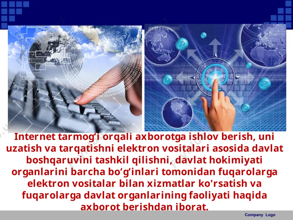 ish, shuningdek, davlat yig‘imlarini, to‘lovlarni, hisobotlarni va rasmiy murojaatlarni on-layn yuborishga oid xizmatlami amalga oshiradi. 4. g2f (govemment to foreigners) - davlat xorijliklarga. bu tizimda davlat va xorijlik shaxslar o'rtasida milliy qonunchilik va xalqaro hujjatlarga tayangan holda interaktiv xizmatlar ko‘rsatiladi. company logo savol va topshiriqlar 1. elektron hukumatning asosiy vazifalari nimalardan iborat? 2. yagona interaktiv davlat xizmatlari portali (my.gov.uz) dan ro‘yxatdan o‘ting. company logo image1.jpeg image2.jpeg image3.jpeg image4.jpeg image5.jpeg image6.jpeg image7.jpeg image8.jpeg image9.jpg image10.jpeg image11.jpeg image12.jpg image13.png image14.jpeg image15.jpeg