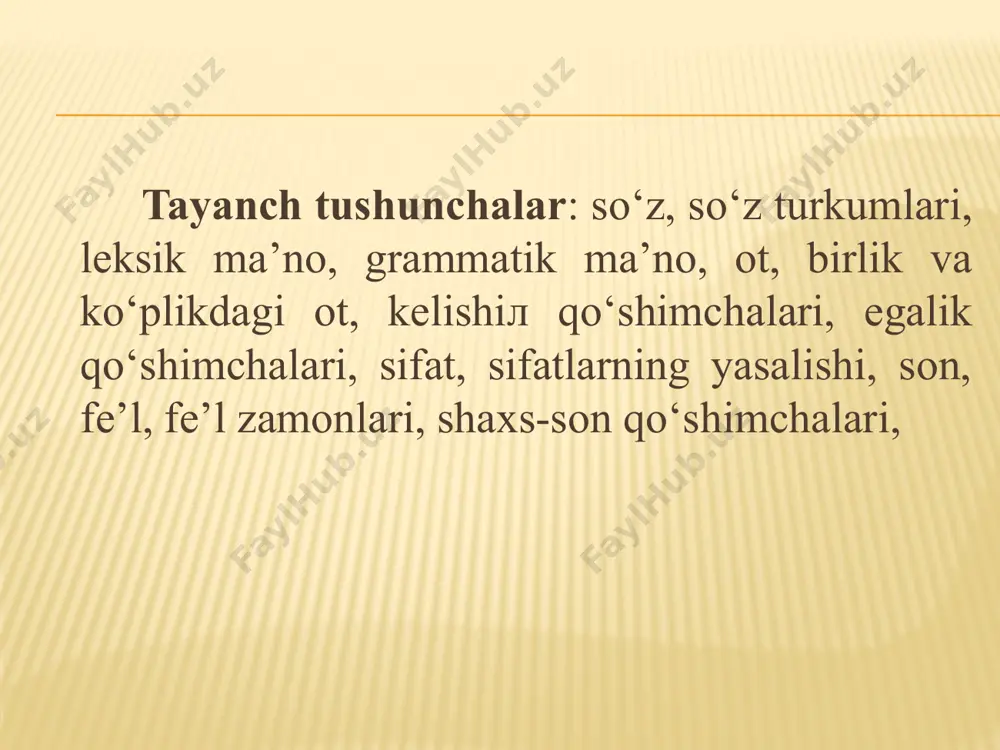.o‘zgarmaydi. 3.o‘zgarmaydi. 3. ular birlik va ko‘plikda bo‘ladi. 3. bo‘lishli va bo‘lishsiz shaklda qo‘llanadi. 4.egalik qo‘shimchalari bilan o‘zgaradi. 4.gapda ikkinchi darajali bo‘lak vazifasida keladi. 4. gapda ikkinchi darajali bo‘lak vazifasida keladi. 4.kishilik olmoshiari kelishik qo‘shimchalari bilan qo’llanadi. 4.shaxs-son qo‘shimchalari bilan tuslanadi. 5.kelishik qo‘shimchalari bilan turlanadi. 5.sifatlar yasaladi. 5.sonlar yasalmaydi. 5.ular gapda bosh va ikkinchi darajali bo‘laklar vazifasida keladi. 5. uch zamonni bildiradi. 6. gapda ega yoki ikkinchi darajali bo‘lak vazifasida keladi. 6. olmoshlar yasalmaydi. 6. gapda kesim vazifasida keladi. 7. otlar yasaladi. 7. fe’llar yasaladi. boshlang‘ich sinf o‘quvchilari so‘z turkumlari (ot, sifat, son, olmosh, fe’l) bilan umumiy tanishtirilgandan so‘ng har bir leksik-grammatik guruh alohida o‘rganiladi. bu so‘z turkumlarini o‘rganishning boshlang‘ich bosqichidayoq ularni taqqoslashga qulay sharoit yaratadi va shakllantiriladigan grammatik tushunchaning asosiy tomonlarini aniqroq ajratishga imkon beradi. boshlang‘ich sinf o‘quvchilari ot, sifat, son, fe’lning quyidagi xususiyatlarini bilib oladilar: - so‘z nimani bildirishi (shaxs, narsa, belgi, miqdor va tartib, harakat yoki holat); …