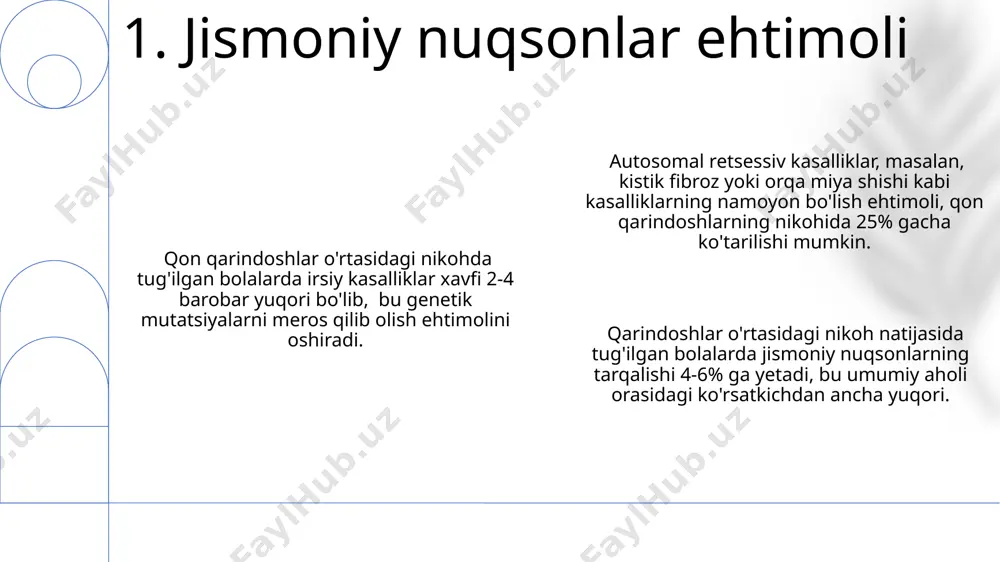 qliy zaiflik, autizm spektr buzilishlari va boshqa rivojlanish nuqsonlari xavfi 2-8 baravar yuqori ekanligi aniqlangan. genetik kasalliklarning, jumladan, autosomal retsessiv kasalliklarning namoyon boʻlish ehtimoli qarindoshlik nikohida 25% gacha oshadi, bu aqliy rivojlanishning turli darajadagi buzilishlariga olib kelishi mumkin. aqliy rivojlanishdagi buzilishlarning ogʻirligi va turi qarindoshlik darajasi va genetik mutatsiyalarning turiga bogʻliq boʻlib, heterozigotal holatlarda ham yengil shakllari kuzatilishi mumkin. 7. aqliy rivojlanishdagi buzilishlar tadqiqotlar shuni ko‘rsatadiki, qarindosh-urug‘chilik nikohida tug‘ilgan bolalarning 15% da o‘z tengdoshlari bilan muloqot qilishda qiyinchiliklar va ijtimoiy izolyatsiya holatlari mavjud bo‘lib, bu esa ularning shaxsiy rivojlanishiga to‘sqinlik qiladi. qarindosh-urug‘chilik nikohining psixologik oqibatlaridan biri, 20% ga yaqin oilalarda bolalarda o‘ziga ishonchsizlik va ruhiy tushkunlik kuzatiladi, bu esa ijtimoiy moslashuv muammolariga olib kelishi mumkin. nikohdagi qarindoshlik darajasi ortgan sari, 30% dan ortiq farzandlarda oilaviy munosabatlarning buzilishi, ota-onalarning ajrashishi va bolaning ruhiy salomatligiga salbiy ta’sir ko‘rsatadigan boshqa omillar kuzatiladi. 8. psixologik oqibatlar jamiyatda qarindosh-urug‘chilik nikohlari keng tarqalgan hududlarda, bolalar o‘limi …
