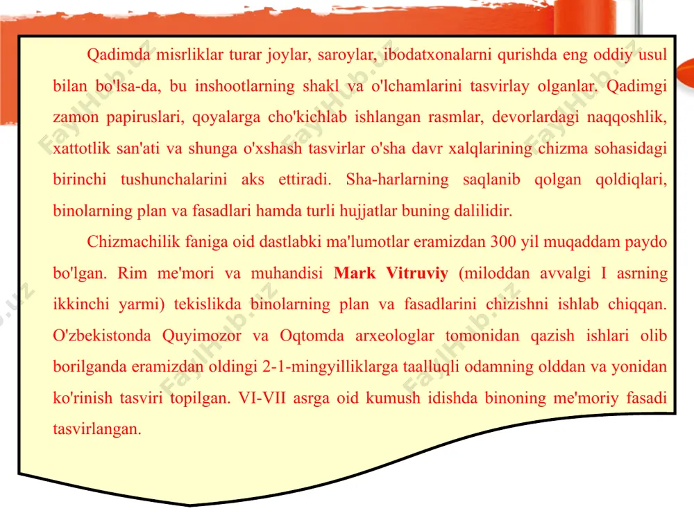 uzlar xaritasini juda aniqlik bilan chiz-gan mashhur astronom olim ekanligi butun dunyoga ma'lum. buyuk musavvir kamoliddin behzod (1455-1536) miniaturalaridan birida me'mor qo'lida qurilish plani bilan tasvirlangan. rassom o'z asarlarida qo'llagan «perspektiva» qiyshiq burchakli aksonometriya hisoblanadi va u ijodi bilan qiyshiq burchakli aksonometriyaga asos solgan. o'rta osiyo olimlari o'z asarlarida chizmalar chizish asboblari: jazvar (chizg'ich), juptak (reysfeder), mas-tura (lekalo), pargor yoki suvu (sirkul)dan foydalanganlar. yuqorida aytib o'tilgan allomalarimiz yashagan davr «sharq renessansi» nomi bilan atalgan bo'lib, inqirozga uchragan yevropa ilm-fan va madaniyatini uyg'otishga turtki bo'lgan. shundan so'ng u davr «yevropa renessansi» deb atala boshlagan. chizmalarga handasa (geometriya), tarh (plan), tarz (fasad), reja jadvali (pro-yeksiya yoki chizma) degan nomlar beril-gan. demak, o'rta osiyoda chizmachilik o'ziga xos handasa fani bilan birga uyg'unlashgan holda rivojlangan. chizma standartlari qonun kuchiga ega. chizmalarni standartlashtirish bilan chizmalarni chizishda xilma-xillikka barham beriladi. natijada chizmalarni taxt qilishda bir xillikka erishiladi, chizmalar qayerda, qachon va kim tomonidan chizilganidan qat'i nazar, …