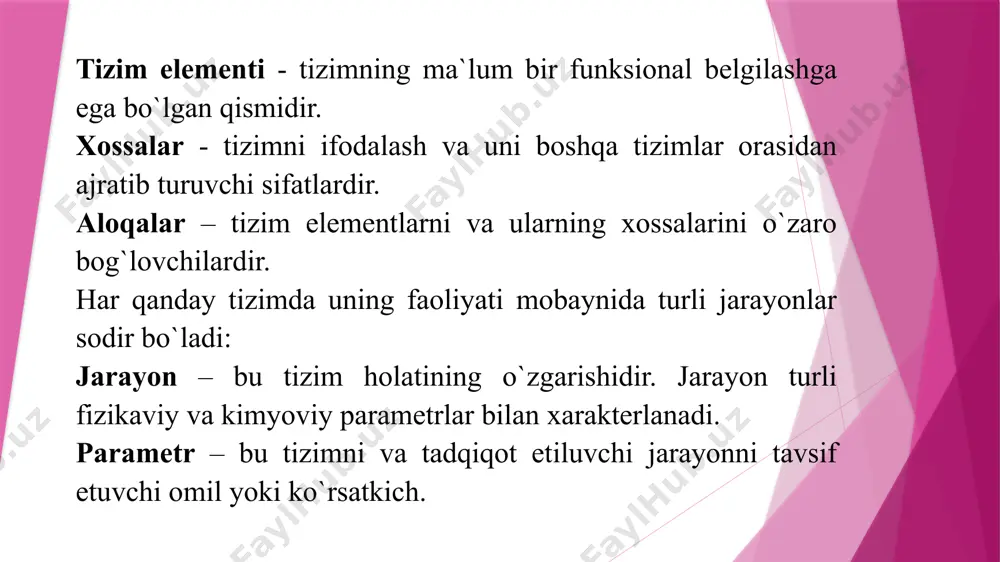 t bilan faol o`zaro ta`sirda bo`ladi, bu ularni yuqori darajadagi tashkillanishini va o`zining murakkabligini oshirish yo`nalishida rivojlanish imkoniyatini yaratadi. berk tizimlar, atrof muhitdan himoyalangan bo`lib, ularda energetik jarayonlardan tashqari barcha jarayonlar tizimning o`z ichida bog`langan bo`ladi. tizimlar murakkabligi bo`yicha oddiy va murakkab tizimlarga bo`linadi. oddiy tizim - bu tizim, uncha ko`p bo`lmagan sondagi elementlardan tuzilib, u tarmoqlangan tuzilishga ega bo`lmaydi (ya`ni ierarxik darajalarini aniqlash mumkin emas). murakkab tizim - tarmoqlangan tuzilishga, o`zaro bog`langan va o`zaro ta`sirda bo`lgan ko`p sonli elementlarga (qism tizimlarga) ega bo`ladi, bunda ular o`z navbatida oddiy qism tizimlarga bo`linadi. tizimni tahlili - tizim amalga oshirayotgan funksiyalarni, tizimni elementlari va tashkil etilishi ma`lum bo`lganda, aniqlashdir. tizimni sintezi - uning berilgan funksiyasi bo`yicha tizimning tashkiliy elementlarini aniqlash. tizimli yondoshish - murakkab ob`ektlarni qiyin kuzatiladigan va qiyin tushuniladigan xossalari tadqiqotini uslubiyotidir. moddiy tizimlar real vaqtdagi ob`ektlardir. moddiy tizimlar turli xil bo`lib, ular ichidan tabiiy va sun`iy tizimlarni ajratib ko`rsatish mumkin. …