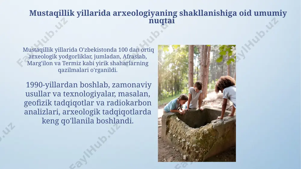 rni radiokarbon usuli bilan aniqroq davrlashtirish uchun mass-spektrometriya texnologiyasi samarali ishlatilgan. o'zbekiston hududida topilgan arxeologik buyumlarni tahlil qilishda, masalan, termezdagi antik davrga oid topilmalarni o'rganishda, spektroskopiya va rentgenografiya kabi zamonaviy usullar muvaffaqiyatli qo'llanildi, bu esa 20 dan ortiq yangi ma'lumotlarni oshkor qildi. e'tiboringiz uchun rahmat @taqdimot_robot image4.png image5.jpg image6.jpg image7.jpg image8.jpg image9.jpg image10.jpg image11.jpg image12.jpg image13.jpg image14.jpg image15.jpg image16.jpg image17.jpg image18.jpg image19.jpg image20.jpg image21.jpg image3.jpeg