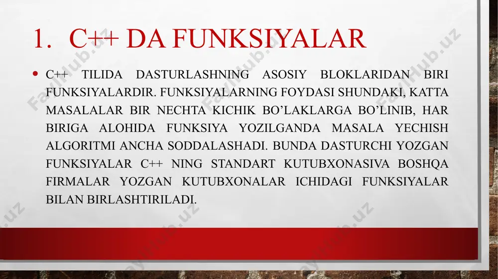 bo`lishi lozim. funksiyadan chiqish ixtiyoriy funksiyadan chiqish uchun return xizmatchi so'zi ishlatiladi. funksiyalarga doir misollar f(n ) funksiyaning qiymatlari f(0 )= 1 , f(2n)= f(n) va f (2n+1)=f (n)+1 ifodalar yordamida topiladi. berilgan k natural soni uchun f(k) ni toping. misol 3: to'g'ri burchakli uchburchakning katetlari berilgan. (3, 4), (6, 8), (12, 5) bo'lgan xollar uchun uchburchak gipotenuzasini hisoblovchi dastur tuzilsin. 1) parametrli funksiya misol 4:void toifasidagi parametrli funksiya image3.jpg image4.png image5.png image6.png image7.png image8.png image9.png image10.png image11.png /docprops/thumbnail.jpeg