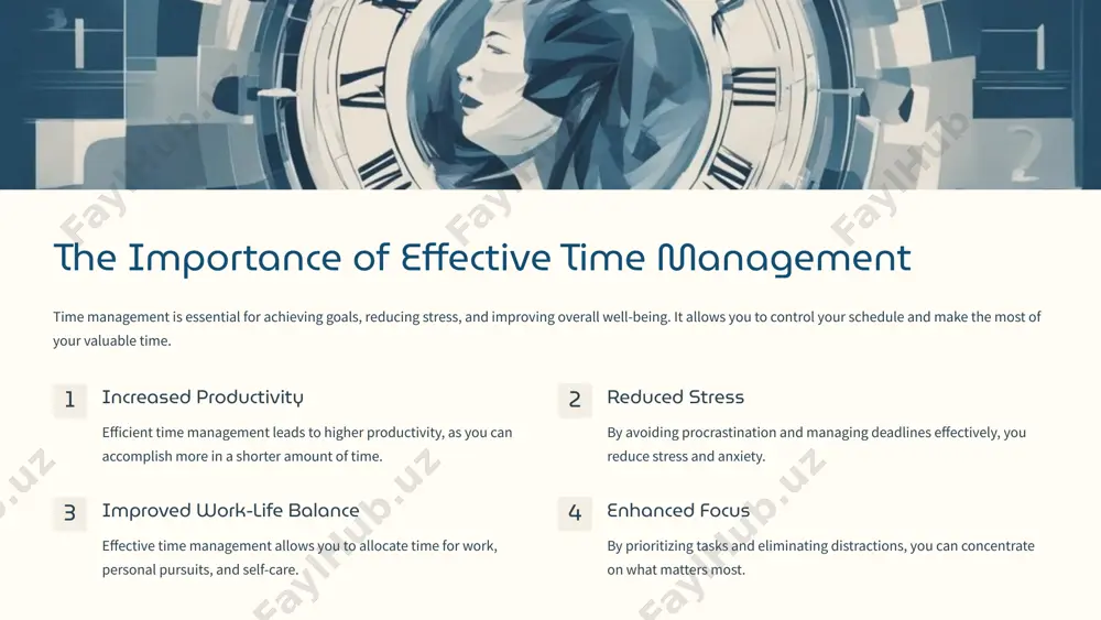 hniques can enhance your productivity, including time blocking, the pomodoro technique, and the use of productivity apps. time blocking allocate specific time slots for different tasks to maintain focus and avoid multitasking. pomodoro technique work in focused bursts of 25 minutes, followed by a short break to enhance concentration and prevent burnout. productivity apps utilize apps that help you manage tasks, track time, and eliminate distractions. 5 effective scheduling and calendar management effective calendar management is crucial for staying organized and meeting deadlines. use a digital calendar to schedule appointments, meetings, and deadlines. 1 schedule appointments block out time for important meetings, doctor's visits, and other appointments. 2 set deadlines establish realistic deadlines for tasks and projects to keep yourself accountable. 3 allocate time for tasks block out specific time slots for different tasks to ensure they get completed. 6 delegation and outsourcing: leveraging resources delegation and outsourcing can significantly …