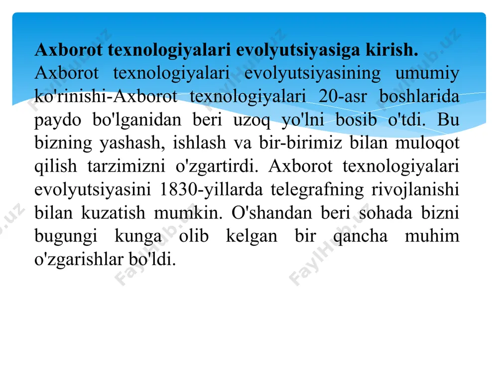o'zgartirdi. 2000-yillarda ijtimoiy tarmoqlarning yuksalishi axborot texnologiyalari evolyutsiyasida yana bir muhim bosqich bo'ldi. facebook, twitter va instagram kabi ijtimoiy media platformalari odamlarga real vaqt rejimida bir-biri bilan bog'lanish va ma'lumot va tajriba almashish imkonini berdi. bu bizning bir-birimiz bilan qanday munosabatda bo'lishimiz va ma'lumotni qanday iste'mol qilishimiz va almashishimizga katta ta'sir ko'rsatdi. so'nggi yillarda axborot texnologiyalari sohasida kelgusi yillarda hayotimizga sezilarli ta'sir ko'rsatishi mumkin bo'lgan bir qancha yangi o'zgarishlar ro'y berdi. ular orasida sun'iy intellekt va mashina o'rganishning yuksalishi, narsalar interneti va blokcheyn texnologiyasi kiradi. ushbu ishlanmalar bizning ishlash, muloqot qilish va bir-birimiz bilan o'zaro munosabatlarimizni o'zgartirish imkoniyatiga ega. axborot texnologiyalarini rivojlantirishning asosiy bosqichlari. mexanikadan oldingi bosqich-axborot texnologiyalari rivojlanishining mexanikagacha bo'lgan bosqichi mexanik qurilmalar paydo bo'lishidan oldin mavjud bo'lgan axborotni qayta ishlash va aloqa tizimlarining eng dastlabki shakllarini anglatadi. ushbu tizimlar qo'lda texnikalar yordamida ishlab chiqilgan va ularning ko'lami va samaradorligi cheklangan edi. ushbu cheklovlarga qaramay, ular axborot texnologiyalari rivojlanishini …