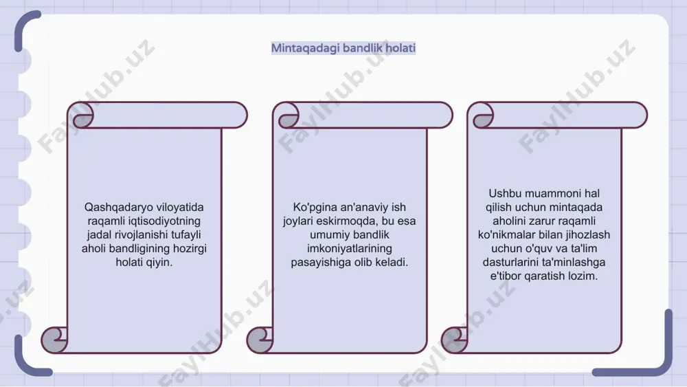 af etishga alohida e’tibor qaratilmoqda. erkaklar ham, ayollar ham mehnatda ishtirok etishlari uchun teng imkoniyatlarni ta’minlash bo‘yicha ishlar olib borilmoqda. xotin-qizlarning raqamli ko‘nikmalarini oshirish va ularning talab yuqori bo‘lgan sohalarda ishtirokini qo‘llab-quvvatlash maqsadida o‘quv dasturlari amalga oshirilmoqda. bandlikni oshirishning ijtimoiy ta'siri qashqadaryo viloyatida aholi bandligini oshirish muhim ijtimoiy samara beradi, chunki bu mahalliy aholining turmush farovonligini oshiradi. raqamli iqtisodiyotda ko‘proq odamlar barqaror ish o‘rinlari topishi bilan qashshoqlik darajasi pasayib, turmush darajasi yaxshilanishi mumkin. bundan tashqari, bandlikni oshirish aholining ijtimoiy integratsiyalashuvi va umumiy farovonligiga olib kelishi mumkin. xulosa xulosa qilib aytganda, raqamli iqtisodiyot qashqadaryo viloyatida bandlik imkoniyatlarini oshirish imkoniyatiga ega. raqamli texnologiyalarni qo‘llash va tegishli siyosatni amalga oshirish orqali mintaqa sarmoyalarni jalb qilishi va yangi ish o‘rinlari yaratishi mumkin. bu nafaqat iqtisodiy o‘sishni, balki mahalliy aholi turmush darajasini ham oshiradi. e'tiboringiz uchun rahmat