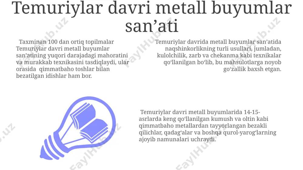 boʻlib, saroy va zodagonlar kiyimlarini bezatgan. temuriylar davri meʼmorchiligi temuriylar meʼmorchiligi oʻzining nafis naqshbandchilik uslubi, ayniqsa gipsli bezaklar va peshtoqlardagi nozik yozuvlar bilan ajralib turadi, bu davrning yuqori badiy mahoratini aks ettiradi. temuriylar davri meʼmorchiligi oʻzining ulkan miqyosidagi inshootlari, masalan, samarqanddagi registon maydoni kabi, 15-asrda qurilgan 3 ta madrasaning ajoyib ansambli bilan mashhur. gur-e amir maqbarasi, amir temur va uning avlodlarining dafn etilgan joyi, 8 qirrali shakli va koʻk koshinlar bilan bezatilgan murakkab geometrik naqshlari bilan ajralib turadi. temuriylar davri kulolchilik sanʼati temuriylar davri kulolchilik sanʼatida 15-asrda koʻk va oq rangdagi nafis naqshlar bilan bezatilgan katta hajmli (diametri 50 sm gacha) idish-tovoqlar keng tarqalgan. temuriylar davrida ishlab chiqarilgan kulolchilik buyumlari orasida geometrik naqshlar, arabeskalar, gulli va hayvonot dunyosi motivlari ustunlik qilgan, taxminan 200 dan ortiq turli naqsh turlari aniqlangan. samarqand va buxoro kabi yirik shaharlarda 14-15-asrlarga oid kulolchilik ustaxonalarida taxminan 30 dan ortiq hunarmand ishlaganligi arxeologik topilmalar orqali tasdiqlangan. temuriylar …