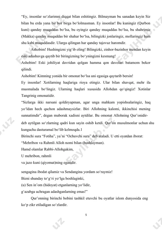 omi bilan (boshlayman). hamd olamlar rabbi-allohgakim, u mehribon, rahmli va jazo kuni (qiyomat)ning egasidir. sengagina ibodat qilamiz va sendangina yordam so‘raymiz! bizni shunday to‘g‘ri yo‘lga boshlaginki, (u) sen in’om (hidoyat) etganlarning yo‘lidir, g‘azabga uchragan adashganlarning emas!” qur’onning birinchi bobini tashkil etuvchi bu oyatlar islom dunyosida eng ko‘p zikr etiladigan so‘zlardir. qur’onning bosh mavzusi-allohning yagonaligi. qur’onda alloh insoniyatga o‘z ovozi va o‘z so‘zlari bilan murojaat etadi. u yo‘l ko‘rsatadi va yo‘lga soladi, avf etada va jazolaydi, eslatadi va qo‘rqitadi. lekin eng muhimi –u mehribon (ar- rahmon) va rahmli (ar-rahim)dir. qur’onning har bir surasi (bobi) “bismillahir rohmanir rohiym”, ya’ni “mehribon va rahmli alloh nomi bilan” degan so‘zlar bilan boshlanadi. bu so‘zlar insoniyatga xudo rahmdillik ekanligini eslatib turadi. bismilloh, bismillohir rahmonir rahim (arab.-“mehribon va rahmli alloh nomi bilan)-islomda ko‘p tilga olinadigan, har bir niyat, ibodat va amaliy xarakat oldidan aytiladigan oyat. bu oyat musulmonning har bir xarakati alloh nomi bilan boshlanishi lozimligini bildiradi. …