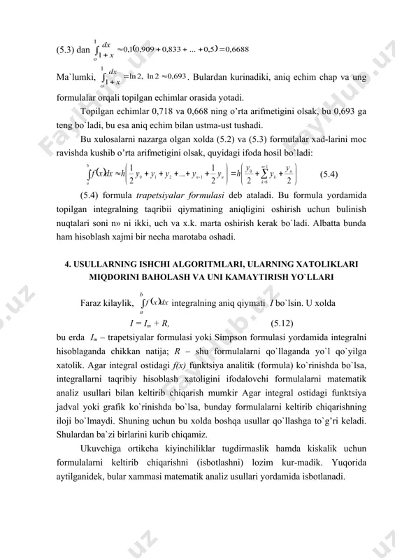 h.sh. «amaliy matematika unsurlari», t., "o`zbekiston", 1997 3. boyzoqov a., qayumov sh. «hisoblash matematikasi asoslari», o`quv qo`llanma. toshkent 2000. 4. abduqodirov a.a. «hisoblash matematikasi va programmalash», toshkent. "o`qituvchi" 1989. 5. vorob`eva g.n. i dr. «praktikum po vichislitel’noy matematike» m. vsh. 1990. 6. abduhamidov a., xudoynazarov s. «hisoblash usullaridan mashqlar va laboratoriya ishlari», t.1995. 7. siddiqov a. «sonli usullar va programmalashtirish», o`quv qo`llanma. t.2001. 8. internet ma`lumotlarini olish mumkin bo`lgan saytlar: www.exponenta.ru www.lochelp.ru www.math.msu.su www.colibri.ru www.ziyonet.uz x x y y 0 0 a b a b _1099568798.unknown _1099568802.unknown _1099568807.unknown _1139000917.unknown _1139002059.unknown _1139002068.unknown _1139000921.unknown _1099568810.unknown _1099568812.unknown _1099718601.unknown _1099568811.unknown _1099568808.unknown _1099568805.unknown _1099568806.unknown _1099568803.unknown _1099568800.unknown _1099568801.unknown _1099568799.unknown _1099568790.unknown _1099568793.unknown _1099568797.unknown _1099568792.unknown _1099568788.unknown _1099568789.unknown _1099568787.unknown