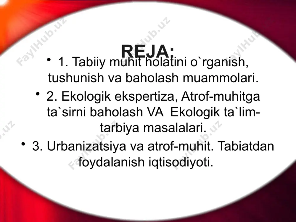 iga bog`likdir. ekologik ta`lim va tarbiya bmt, yunesko, yunep, va voz kabi tashkilotlarning diqqat markazidagi masaladir. (yunesko - bmtning fan va madaniyat ishlari bo`yicha shug`ullanadigan mustaqil bir tuzilmasidir. uning bosh qarorgohi parij shahrida joylashgan. bmtning o`zi esa nyu-york shahrida joylashgan, unga dunyodagi 190 ta davlat kiradi.) ekologik ta`lim va tarbiyani rivojlantirish uchun jahon, alohida davlatlar miqyosida turli tadbirlar o`tkazmoqda. har bir soha mutaxassisi ekologik savodxon bo`lishi va o`z faoliyatida tabiatga zarar yetkazmasligi, ekologik ta`lim-tarbiyani rivojlantirishga hissasini qo`shishi lozimdir. xxi - asr ekologiya asri bo`lishi shubhasizdir. har bir inson ona sayyoramiz tabiatiga ziyon yetkazmasdan o`zgartirish, tabiiy boyliklaridan oqilona foydalanish va yashash muhitini saqlashdek muqaddas ishga o`zining munosib hissasini qo`shishi lozimdir. hozirgi davrda ekologik fojialar bir mamlakat yoki mintaqa chegarasidan chiqib, global darajada katta territoriyalarni egallamoqda (ozon qavatining siyraklashuvi, sahroi kabirni janubga siljishi, yerlarni eroziyaga uchrashi, atmosfera havosining ifloslanishi va hokazolar). sodir bo`lgan global darajadagi ekologik muammolar xalqaro tashkilotlarni, davlat arboblarini, siyosatchilarni …