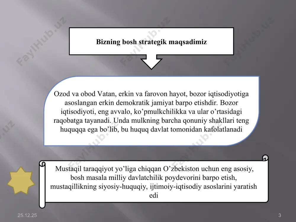 n tashabbuslar i. karimov 1992-yil 2-iyulda o`zbekiston oliy kengashining xii chaqiriq x sessiyasida «istiqlol yo`li: muammolar va rejalar» mavzusida nutq so`zladi va u «bizning ijtimoiy taraqqiyot va yangilanish borasida o`z yo`limiz bor»- deb e`lon qildi. bozor iqtisodiyotiga o`tar ekanmiz, milliy-tarixiy turmush tarzimizni, xalqimiz urf-odatlarini, an`analarini kishilarning fikrlash tarzini hisobga olamiz, dedi va tub islohotlarni amalga oshirish borasida dastlabki tamoyillarni belgilab berdi. islоm kаrimоvning «o’zbеkistоnning o’z istiqlоl vа tаrаqqiyot yo’li» аsаri o’zbеkistоn tаrаqqiyotining o’zigа хоs yo’li vа dеmоkrаtik jаmiyat qurishning jаhоn tаrаqqiyoti tаjribаsi tаhlil qilindi. umumаn, bu аsаr 5 qism, bo’limlаrni o’zidа ifоdа etаdi o’z yo’limizning shаrt-shаrоiti vа zаminlаri o’zbеkistоn dеmоkrаtik vа itimоiy аdоlаt jаmiyati milliy mаnfааtlаr ustuvоrligi vа tеng huquqli hаmkоrlikkа аsоslаngаn tаshqi siyosаt ijtimоiy jihаtdаn yo’nаltirilgаn bоzоr iqtisоdiyotini qurish – mustаqil o’zbеkistоn ichki siyosаtining nеgizlаri mustаqil o’zbеkistоnni rivоjlаntirishning mа’nаviy-ахlоqiy nеgizlаri 1 2 4 5 3 * * * * mustaqllikning dastlabki yillaridan boshlangan keng ko`lamli islohotlar mamlakatimiz taraqqiyotining strategik …