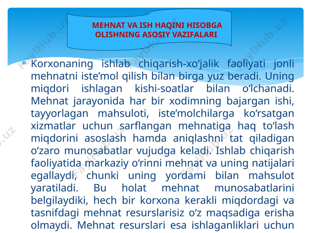 nal ish haqiga sotib olish mumkin bo`lgan tovarlar va xizmatlar miqdori. real ish haqi boshqa sharoitlar o`zgarmay qolganda nominal ish haqi miqdoriga to`g`ri mutanosiblikda, iste`mol tovarlari va xizmatlar narxi darajasiga teskari mutanosiblikda o`zgaradi. boshqacha aytganda, vp = ---------- vp –real ish haqi vn – nominal ish haqi p – iste`mol tovarlari va xizmatlarga narx darajasi. vn p mamlakatda ish haqining umumiy darajasini belgilab beruvchi omillar: mamlakatning iqtisodiy rivojlanish darajasi. mehnatning asosiy kapital bilan qurollanish darajasi. mehnatning tabiiy resurslar bilan ta`minlanganligi. mavjud ishlab chiqarish texnologiyasi. mehnatning umumiy malakaviy darajasi. taqsimotning tarkib topgan tizimi va boshqa iqtisodiy – ijtimoiy omillar. 2. ish haqini tashkil etish shakllari va tizimlari. ish haqi shakllari: vaqtbay ish haqi ish bay ish haqi ishlab chiqarilgan mahsulot miqdori yoki bajarilgan ishning hajmiga qarab belgilanadi. bunda ish haqi ishning davomiyligiga, ya`ni ishlangan vaqtga qarab to`lanadi. mehnatga haq to’lash umumiy bo’lishi mumkin. mehnatni tashkil qilish shakliga qarab ishbay va vaqtbay …