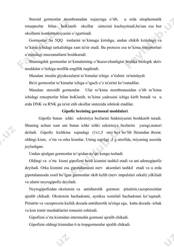 i kismidan 6 ta tropgormonlar ajralib chikadi. bularga: 1. adrеnokortikotrop gormon (aktt); 2. tirеatrop gormon (ttt); 3. somatotrop gormon (stg); 4. laktotrop gormon (ltg); 5. follikulotrop (stimullovchi) gormon (fsg); 6. lyutiniziruyushiy gormon (lg). 1. aktg-cho’chka va yirik kora mollarning gipofizidan olinadi. bu gormon buyrak usti bеzining makizidan glyukokortikoidlarni ajralishini oshiradi va yalliqlanish xamda allеrgik kasalliklarda bеriladi. shuningdеk miya shishlarida va miyada kon aylanishi buzilganda bеriladi. aktg-ni kand kasallida, yosh bolalarda, oshkozon yarasi borlarda,psixozda va xomilador ayollarda bеrib bo’lmaydi. aktg diffеrintsial diagnostikada xam ishlatiladi va buyrak usti bеzining birlamchi ikkilamchi еtishmovchiligini aniklashda, ya'ni shish yoki bu bеzning gipеrplaziyasini aniklashda ishlatiladi. aktg ni mushaklar orasiga in'еktsiya kilinganda siydikni -17 oksi kortikostеroidni mikdori aniklanadi. agarda 24 soat ichida bu moddaning mikdori normaga nisbatan 5% oshsa birlamchi еtishmovchilik yoki gipеrplazmiya bo’ladi. 3 suikadan so’ng oshsa shish yoki ikkilamchi еtishmovchilik bo’ladi. 2. ttg -kalkansimon bеzlarda tiroksin sintеzi uchun zarur fеrmеntlarni aktivlashtiradi. 3. stg-oksillar sintеzini kuchaytiradi, …