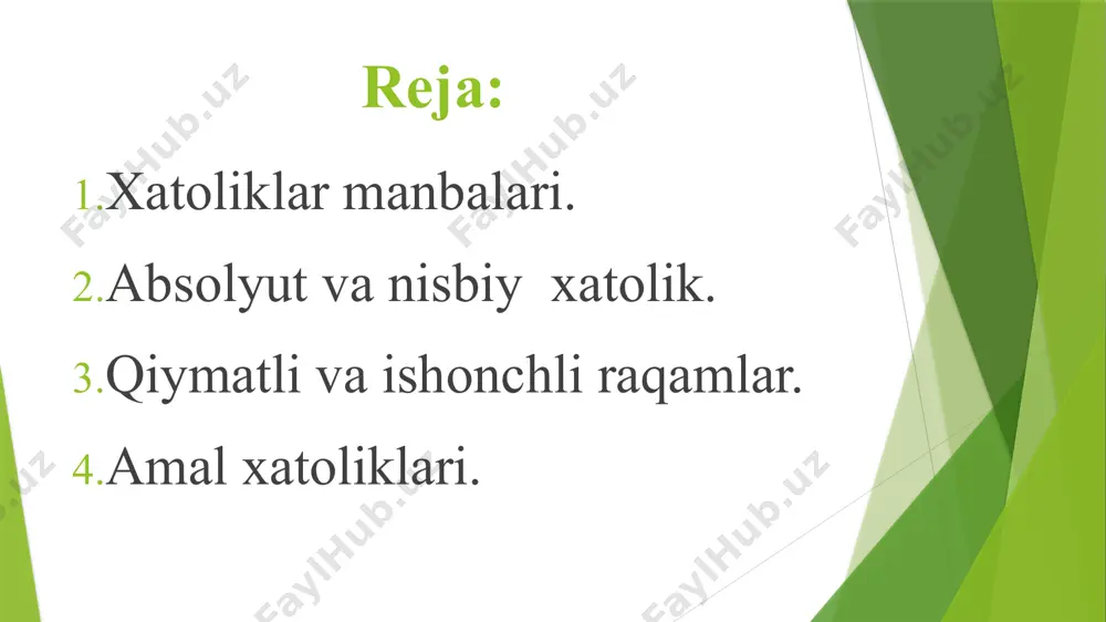 i. xatoliklarni baholash to‘g‘ri bo‘lishi uchun absolyut xatolik tushunchasi kiritiladi. 2–ta’rif. xatolikning moduliga a taqribiy sonning absolyut xatosi deyiladi va da kabi belgilanadi, ya’ni da = ïa – aï (1.1) 3–ta’rif. taqribiy a soni absolyut xatoligining shu son moduliga nisbati a taqribiy sonning nisbiy xatoligi deyiladi va d(a) kabi belgilanadi, ya’ni (1.2) aniq a son noma’lum bo‘lganligi sababli absolyut va nisbiy xatoliklar ham noma’lum bo‘ladi, shuning uchun xatolikning chegarasi ko‘rsatiladi. 4–ta’rif. ïa–aï£ h tengsizlikni qanoatlantiruvchi h kattalik absolyut xatolikning chegarasi deyiladi. 5–ta’rif. tengsizlikni qanoatlantiruvchi e soni nisbiy xatolikning chegarasi deyiladi. nisbiy xatolikning chegarasi ko‘pincha foizlarda ifodalanadi. h va e sonlari imkoni boricha kichik qilib olinadi. masalan, a=p bo‘lib, a = 3,14 kabi qabul qilingan bo‘lsa, h = 0,002 deb olinishi mumkin. u holda e = 0,06% bo‘ladi. taqribiy a sonining absolyut va nisbiy xatoliklari chegaralari ta’riflariga ko‘ra, a = a ± h va a = a(1 ± e) kabi yozish …
