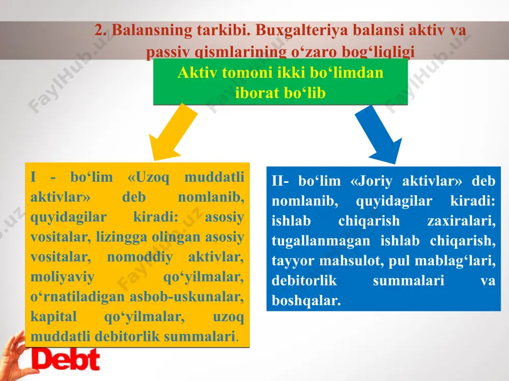 , balans-brutto xo‘jalik jarayonlari natijasida balansdagi bir tomonlama o‘zgarishlar quyidagi ikki turga ajratish mumkin: 1. xo‘jalik jarayonlari tufayli balansning faqat aktiv tomoni o‘zgaradi, passiv tomoniga ta’sir etmaydi va balans o‘z tengligini saqlab qoladi. bunda xo‘jalik mablag‘larining o‘rni yoki joylashgan joylari o‘zgaradi xolos. + a; – a = p 2. xo‘jalik jarayonlari tufayli balansning faqat passiv tomoni o‘zga­radi, aktiv tomoniga ta’sir etmaydi va balans o‘z tengligini saqlab qoladi. bunda xo‘jalik mablag‘larining kelar manbalarining mazmuni o‘zgaradi. a= + p ; - p xo‘jalik jarayonlari natijasida balansdagi ikki tomonlama o‘zgarishlar quyidagi ikki turga ajratish mumkin: 1. xo‘jalik jarayonlari tufayli balansning har ikkala tomoni bir xil summaga ko‘payadi va balans o‘z tengligini saqlab qoladi. bunda xo‘jalik mablag‘lari va ularning kelar manbalarining balans qiymati bir xil summaga ko‘payadi. +a = +p 2. xo‘jalik jarayonlari tufayli balansning har ikkala tomoni bir xil summaga kamayadi va balans o‘z tengligini saqlab qoladi. bu yerda xo‘jalik mablag‘lari va ularning …