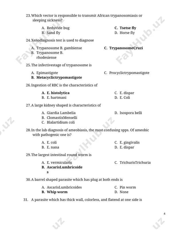 stool smear for direct examination except a. normal saline b. eosin c. dobell’s iodine d. 10% formalin 42. montangro skin test used to diagnose a. kala- azar b. toxoplasmosis c. hydatid cyst d. sleeping sickness 43. the diagnostic stage of lieshmania from culture is ________ a. amastigote b. epimas c. promastigote d. trypomastigote 44. which of the following non- microscopical diagnosis of malaria based on detection of hrp – 2ag a. ict b. optimal r c. thick d. thin 45. when you report the consistency of the stool, formed has the following characteristics. a. can not be punctured with applicator stick. b. stool will flow out of the containers c. can be punctured and maintain the shape of containers d. none 46. in direct stool examination, the following should be reported macroscopically except a. color b. consistency c. presence of blood, mucus d. trophozoite of e.histolytica e. presence of adult …