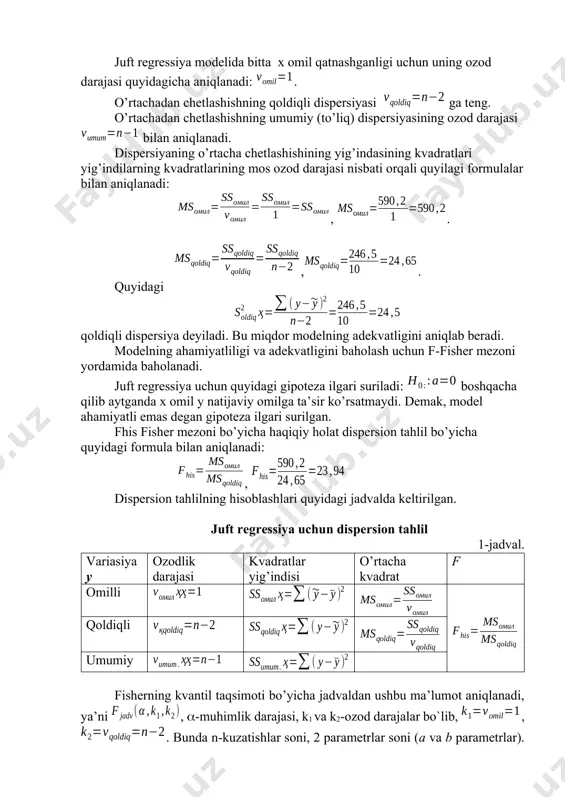 ≤r≤1da bo’ladi. regressiya modelini baholash uchun diterminasiya koefffisiyenti r2 foydalaniladi. x omilning y omilga bog`langanligi diterminasiya koeffisienti . r2 ning 1 ga yaqinlashishi regressin model bo`yicha prognoz qilish mumkin ekanligini aniqlaydi. r ning qiymati aniqlangan holda fisher mezoni boyicha fhis chiziqli regressiyada quyidagi formula bilan aniqlanadi: . 5. styudent mezoni ( t-mezon) regressiya tenglamasi koeffisientlarining muhim emasligi haqidagi ststistik gipoteza ilgari suriladi: . regressiya tenglamasidagi parametrlar uchun quyidagi formulalar orqali aniqlanadi: , , , parametrlar va r korrelyasiya koeffisientining tasodifiy xatoliklarni quyidagi formulala yordamida topamildi: , bunda . , bunda .-a0 , a1 parametrlarning standart xatolari. -korrelyasiya koeffisientining standart xatosi: . endi t-styudent mezoninig jadvaldagi orqali topiladi. bunda -muhimlik darajasi, n-2 –ozod darajalar soni. agar bol`sa, u holda a parametr muhim emasligi kelib chiqadi.ya`ni h0 gipoteza tasdiqlanadi. aks holda a parametr muhim ekanligi kelib chiqadi. endi hisoblashlarni amalga oshiramiz: ; ; . -a0 , a1 parametrlarning standart xatolari. -korrelyasiya koeffisientining …