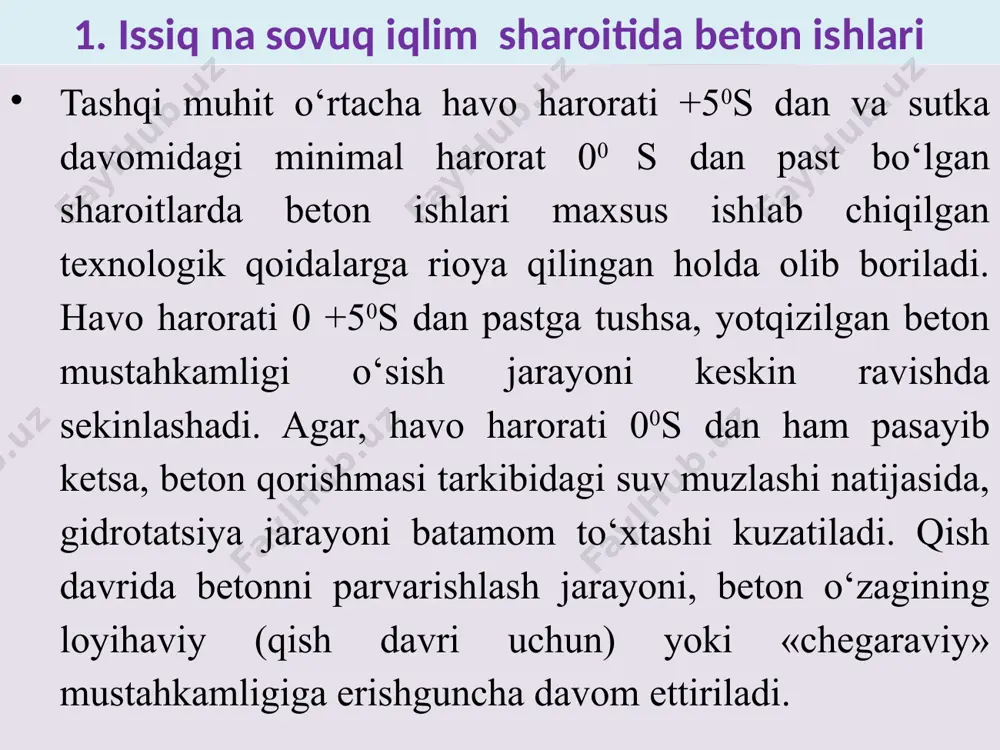 yor qorishmaning harorati  30…+350s dan oshmasligi kerak. buning uchun qorishmani tayyorlashda qo‘llaniladigan suv harorati +60…+800s atrofida bo‘lishi lozim va betonqorgichga materiallarni yuklash, ularni aralashtirish quyidagi tartibda amalga oshiriladi. dastlab bir vaqtning o‘zida belgilangan suv miqdorining yarmi betonqorgichga quyilib, yirik to‘ldiruvchilar bilan baraban bir necha marta aylantirilib (bunda suv harorati ancha pasayadi), mayda to‘ldiruvchilar va sement qo‘shiladi. tayyorlangan qorishmaning harorati yuqorida keltirilgan miqdorda (+30…+350s) chegaralanishi bir qator zaruriyatlar bilan bog‘liqdir. ya’ni, yuqori harorat sement qotish jarayonini keskin tezlashtirishi, qorishmaning quyuqlashishi, uning tanasidan issiqlik chiqishining tezlashishi kabi salbiy oqibatlarga olib kelishi mumkin. qish davrida beton qorishmasini tayyorlash jarayonida muzlashga qarshi maxsus kimyoviy qo‘shimchalar qo‘llanilsa, keyingi jarayonlarda betonni isitish bilan bog‘liq bo‘lgan qo‘shimcha tadbirlarni o‘tkazmaslik imkoniyatlari tug‘ilishi mumkin. bunday qo‘shimchalar sifatida turli xil tuzlar ishlatilishi mumkin va asosiy talab – ular beton va metall konstruksiyalari sifat ko‘rsatkichlariga salbiy ta’sir ko‘rsatmasliklari kerak. qurilish amaliyotida asosan quyidagi qo‘shimchalar qo‘llaniladi: nitrat–kalsiy–ca (no3)2; nitrat–nitrit kalsiy–ca (no2)2 …