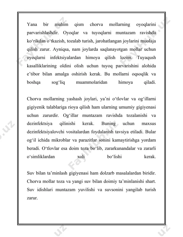 eri kasalliklarini oldini olishda katta yordam beradi. yosh hayvonlar uchun gigiena ayniqsa muhimdir. 3. **muntazam parvarish:** a. **veterinar tekshiruvlar:** hayvonlar har yili bir yoki ikki marta veterinarga ko'rsatilishi kerak. mollarni kasalliklar uchun tekshiruvdan o'tkazish teri va junning sog'lomligini saqlashda muhimdir. b. **teri va junni tekshirish:** mollarni har kuni tekshirib turish ulardagi teri va jun muammolarini erta aniqlashga yordam beradi. agar jun matashayotgan yoki teri o'zgarishlari mavjud bo'lsa, zudlik bilan veterinar bilan maslahatlashish zarur. 4. **iqlim va atrof-muhitning ta'siri:** a. **iqlim sharoitlari:** mollar qanday iqlimda yashashlari ularning junning va terining holatiga ta'sir qiladi. sovuq iqlimda jun ko'proq qalin bo'ladi, issiq iqlimda esa yengilroq. b. **mollarni to'g'ri sharoitlarda saqlash:** ularni quyoshdan, yomg'irdan va sovuq shamollardan himoya qilish teri va junning sog'lom bo'lib qolishiga yordam beradi. 5. **texnologiyalar va asboblar:** a. **maxsus asbob-uskunalar:** mollarni parvarish qilishda maxsus asbob-uskunalardan, masalan, elektr qirqish mashinalari va tozalash vositalaridan foydalanish kerak. ushbu vositalar parvarish jarayonini osonlashtiradi va …